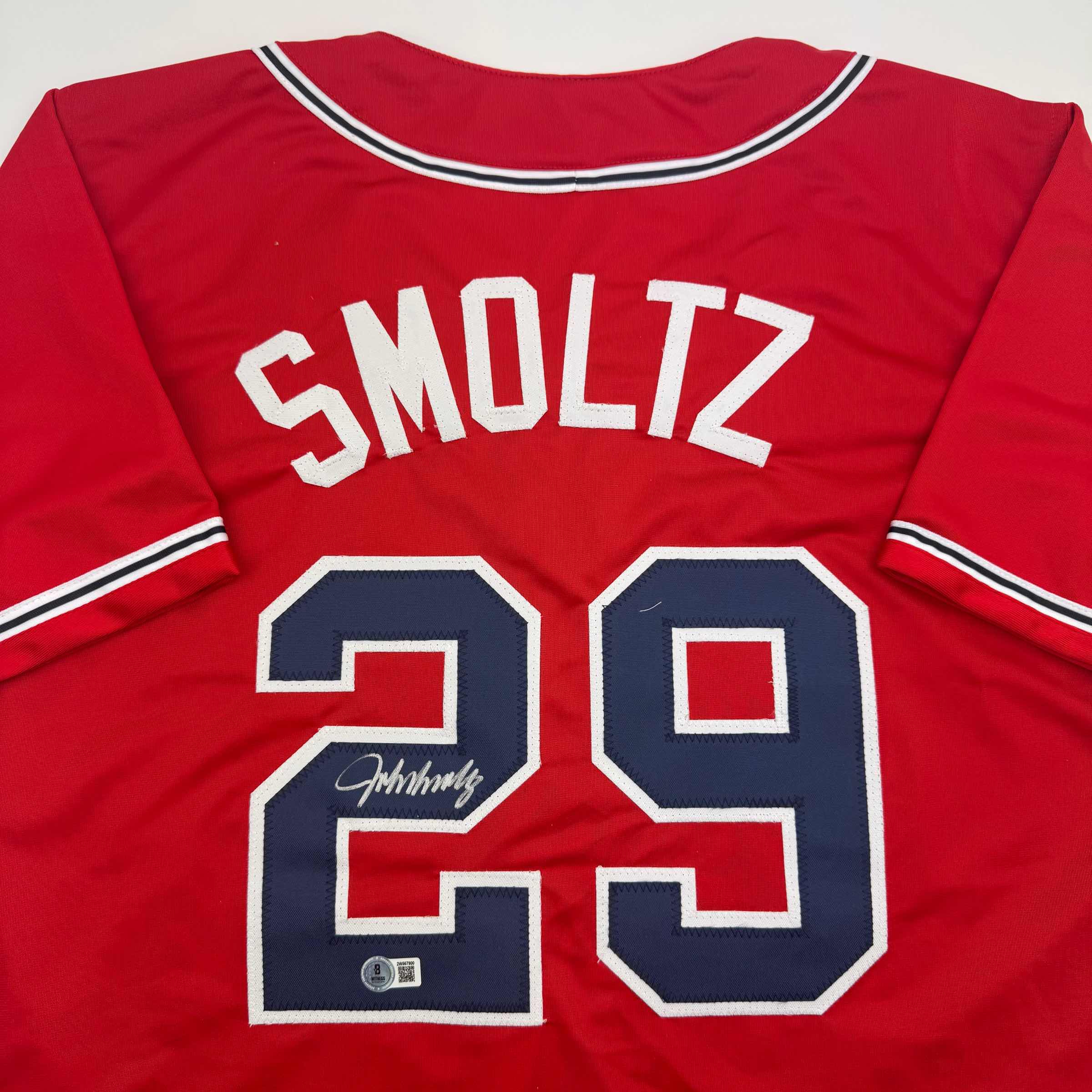 autographed-signed-john-smoltz-atlanta-red-baseball-jersey-beckett-bas-coa