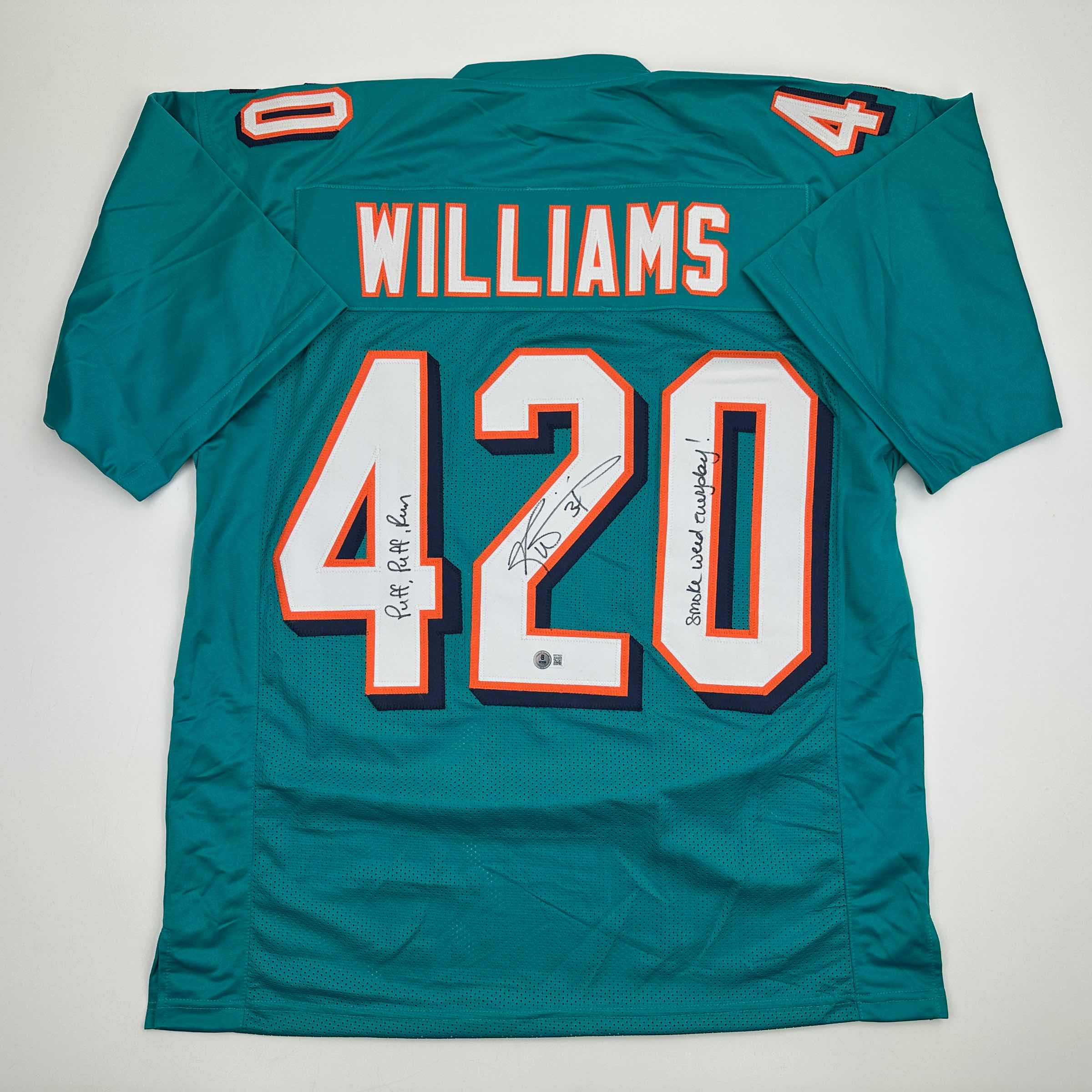 autographed-signed-ricky-williams-smoke-weed-everyday-puff-puff-run-420-inscribed-miami-teal-football-jersey-beckett-bas-coa