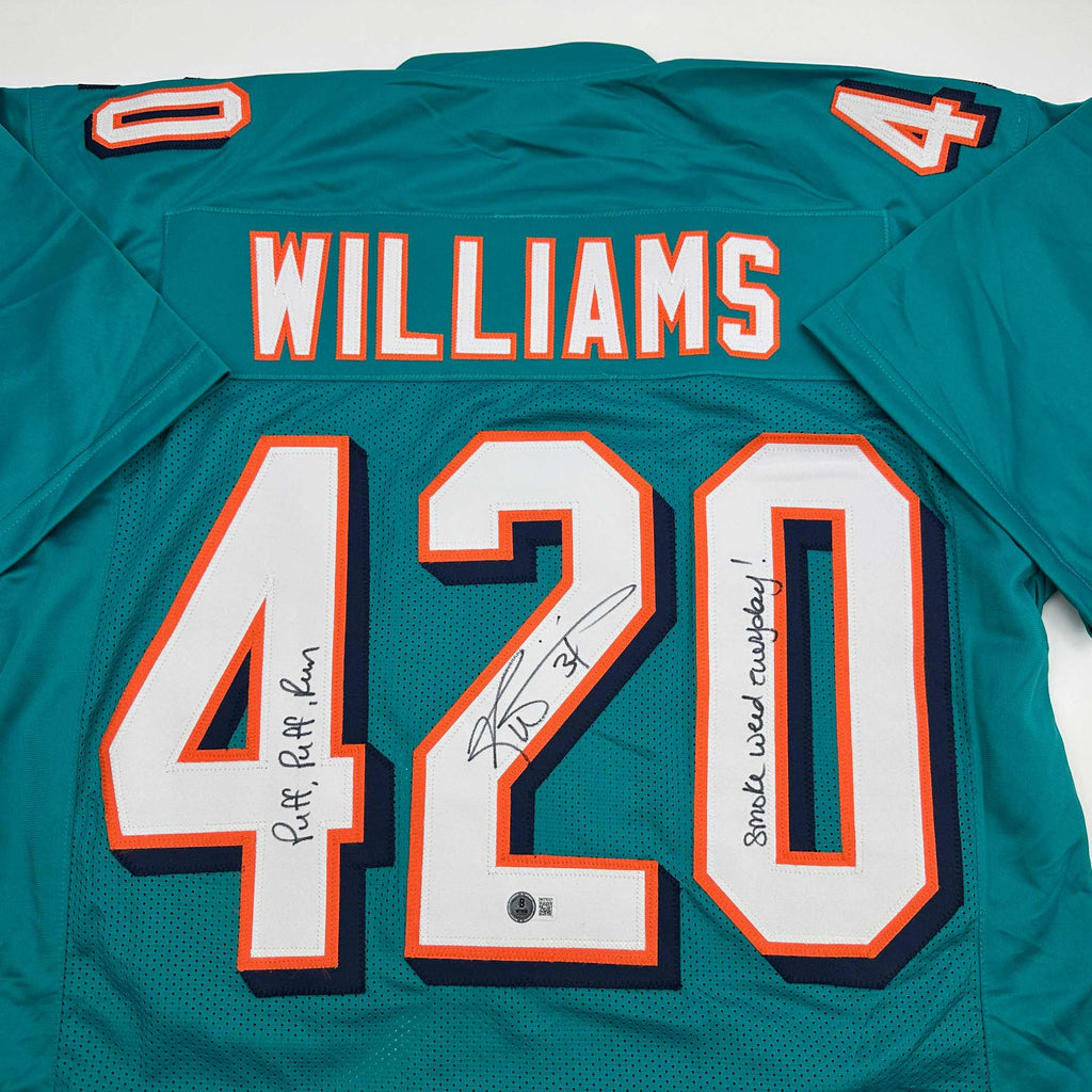 autographed-signed-ricky-williams-smoke-weed-everyday-puff-puff-run-420-inscribed-miami-teal-football-jersey-beckett-bas-coa