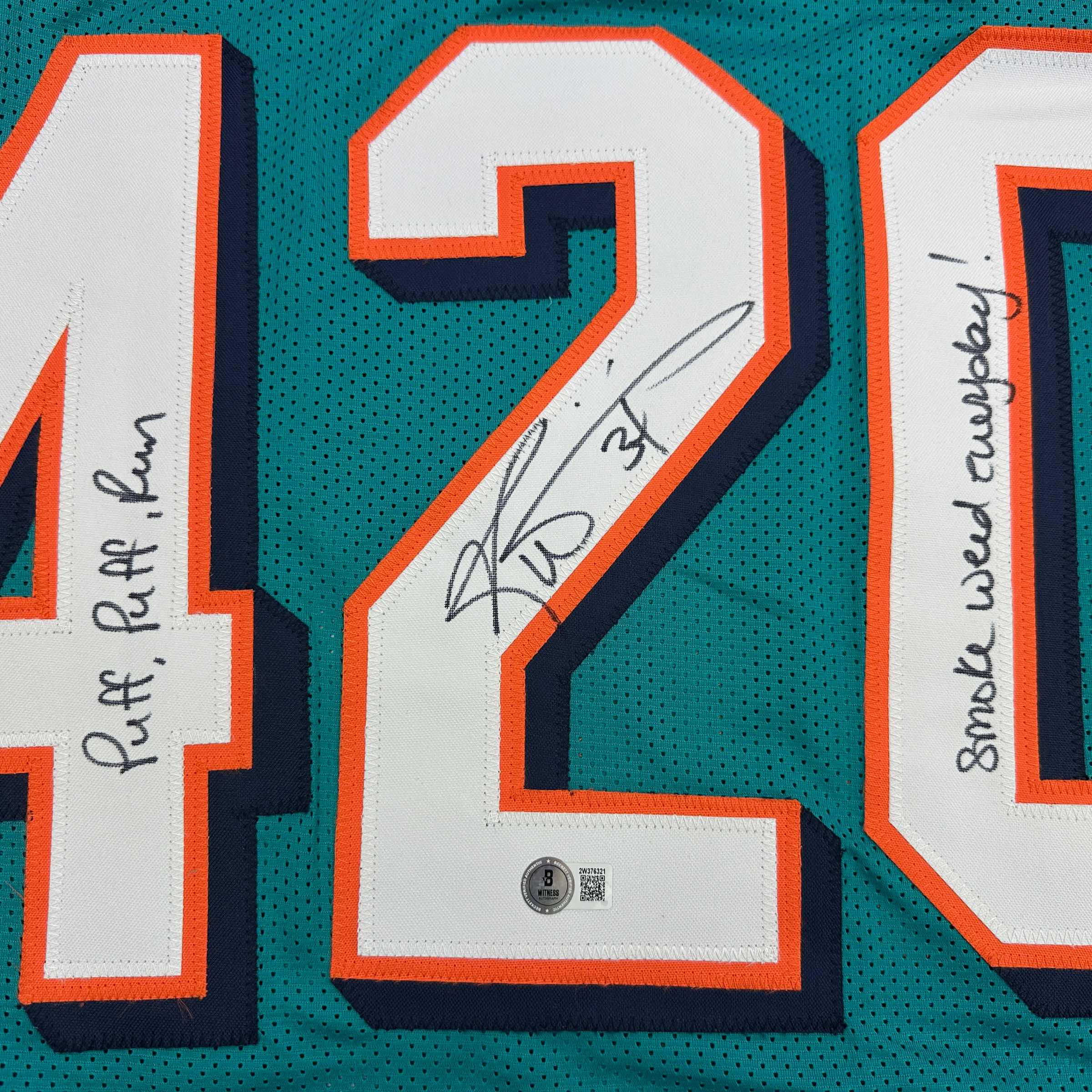 autographed-signed-ricky-williams-smoke-weed-everyday-puff-puff-run-420-inscribed-miami-teal-football-jersey-beckett-bas-coa