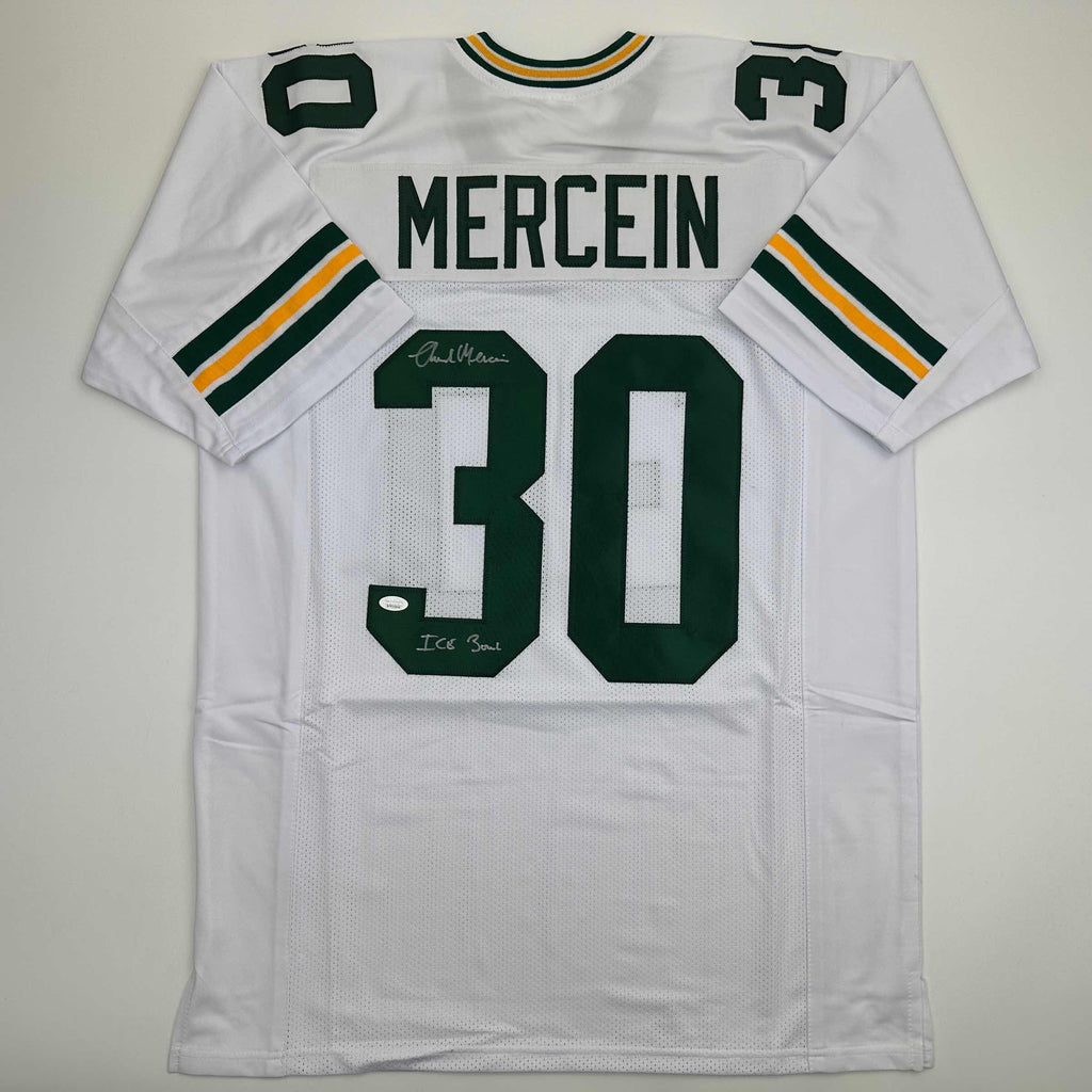 autographed-signed-chuck-mercein-ice-bowl-green-bay-white-football-jersey-jsa-coa