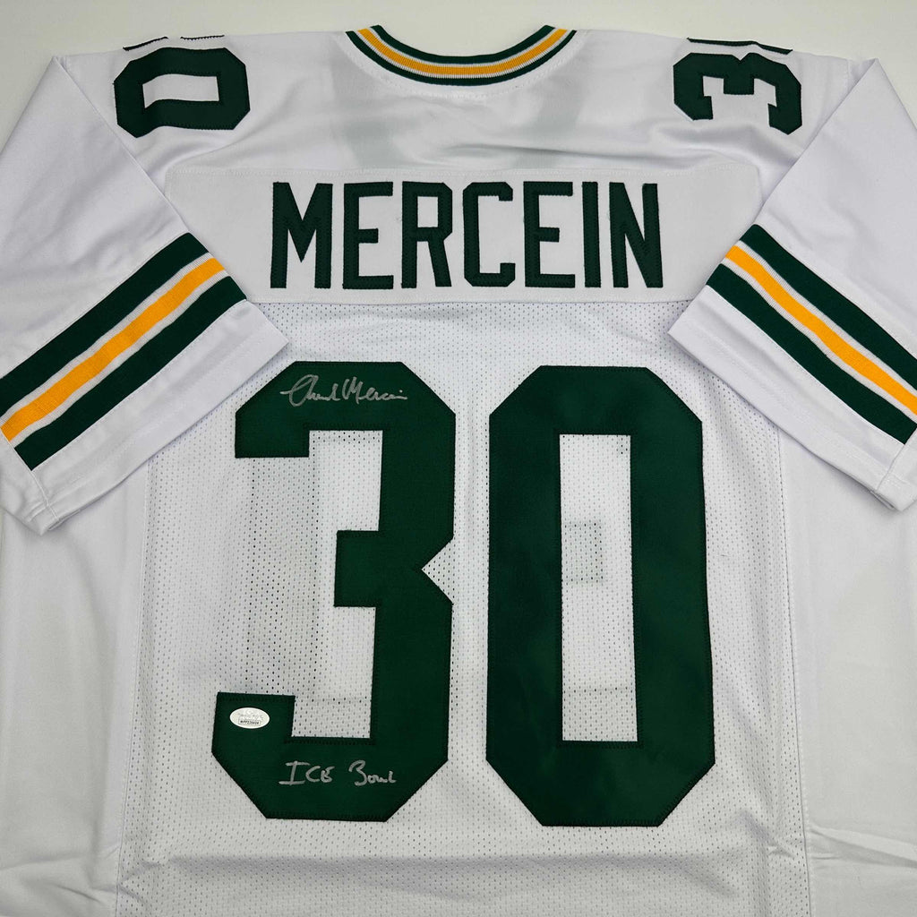 autographed-signed-chuck-mercein-ice-bowl-green-bay-white-football-jersey-jsa-coa