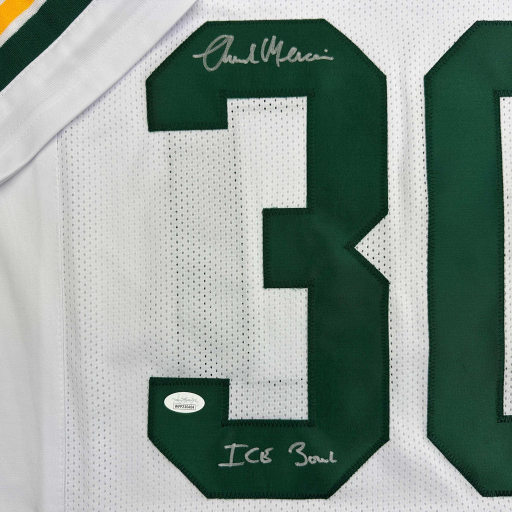 autographed-signed-chuck-mercein-ice-bowl-green-bay-white-football-jersey-jsa-coa