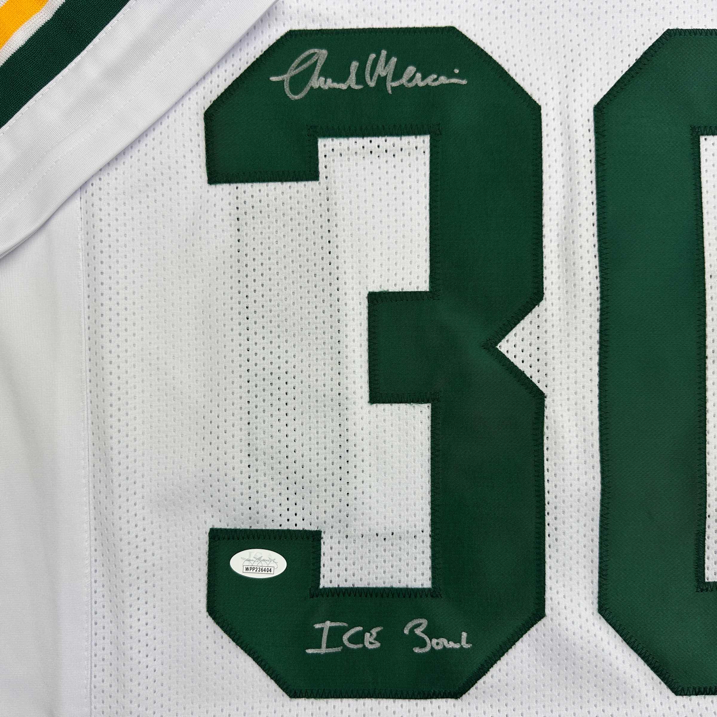 autographed-signed-chuck-mercein-ice-bowl-green-bay-white-football-jersey-jsa-coa