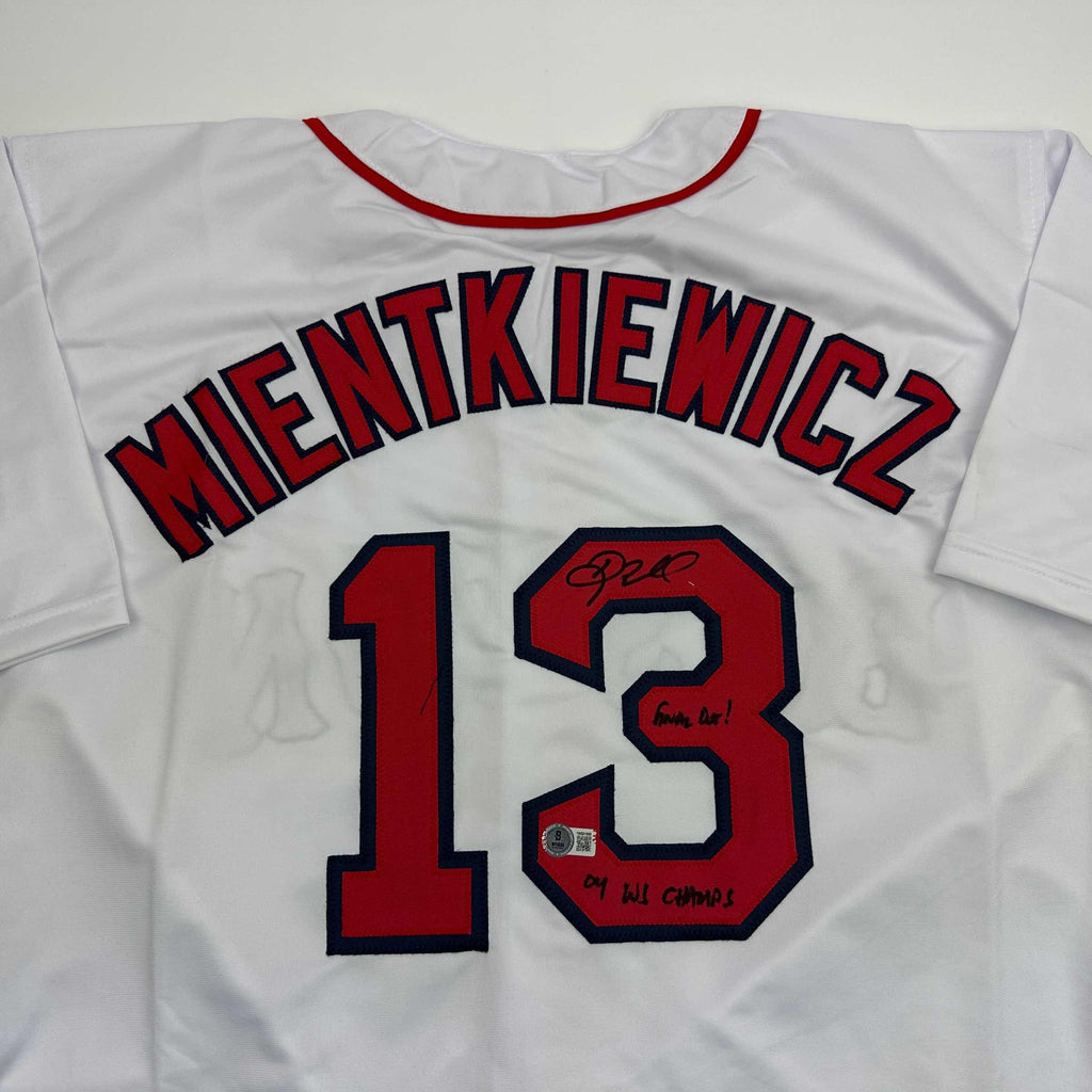 autographed-signed-doug-mientkiewicz-final-out-04-ws-champs-boston-white-baseball-jersey-beckett-bas-coa