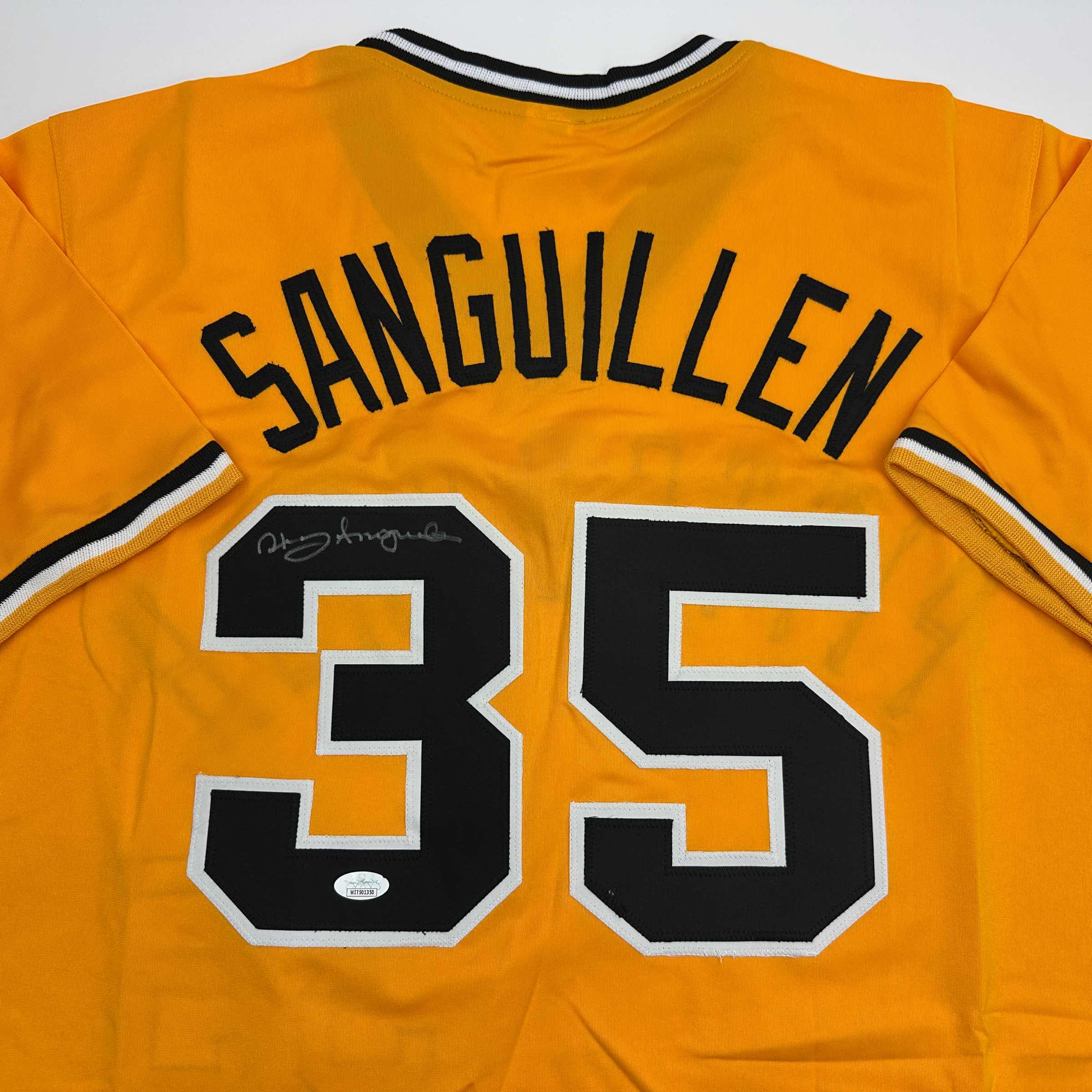 autographed-signed-manny-sanguillen-pittsburgh-yellow-baseball-jersey-jsa-coa