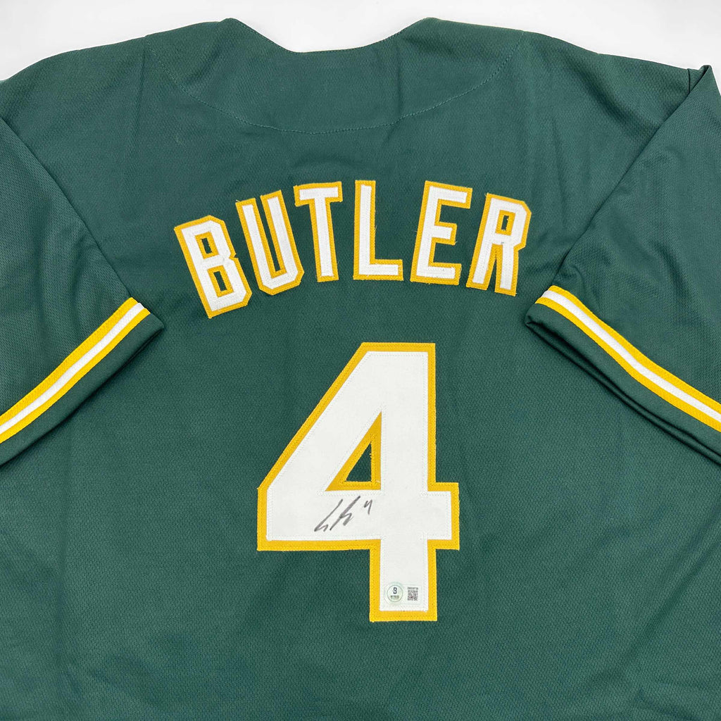 autographed-signed-lawrence-butler-oakland-green-baseball-jersey-beckett-bas-coa