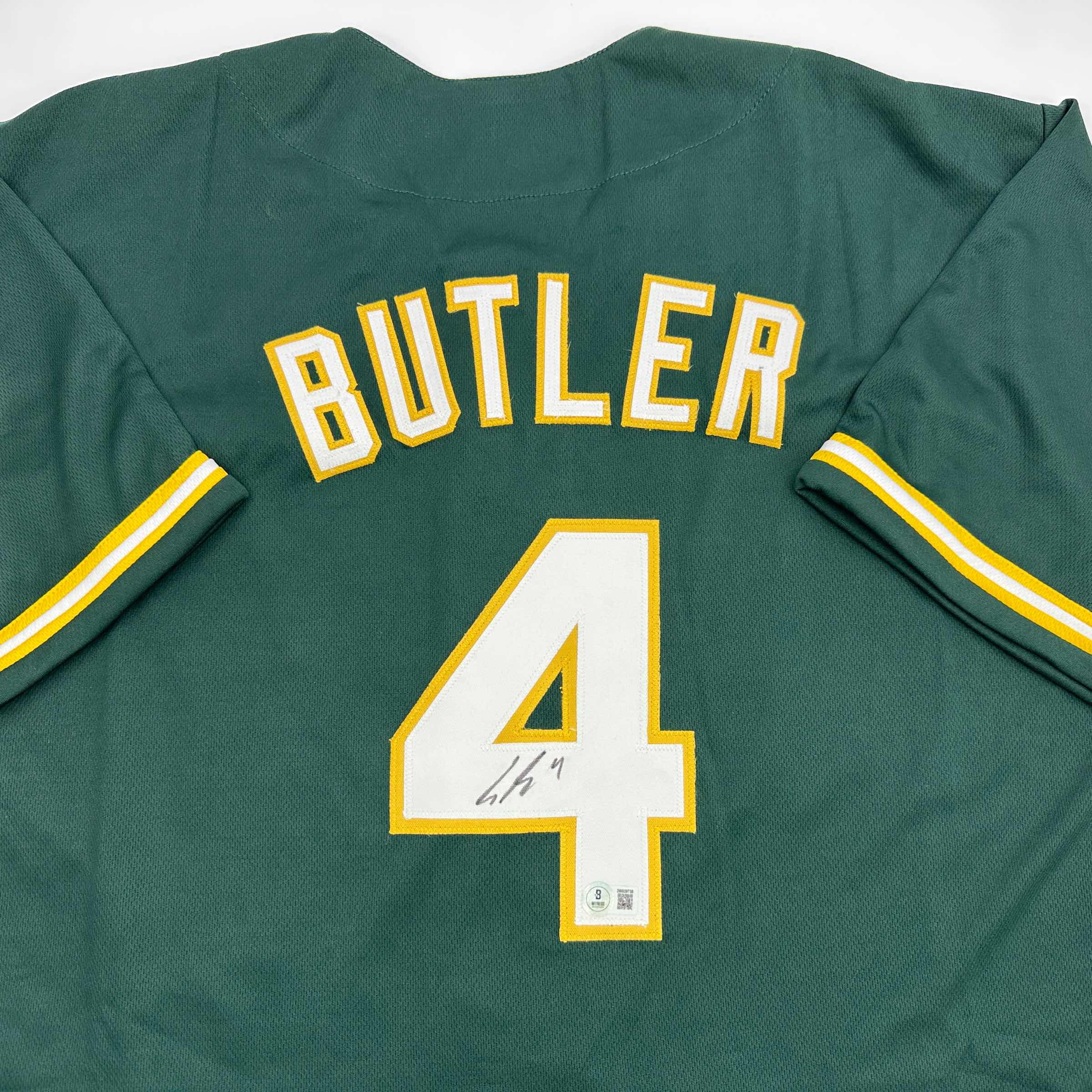 autographed-signed-lawrence-butler-oakland-green-baseball-jersey-beckett-bas-coa