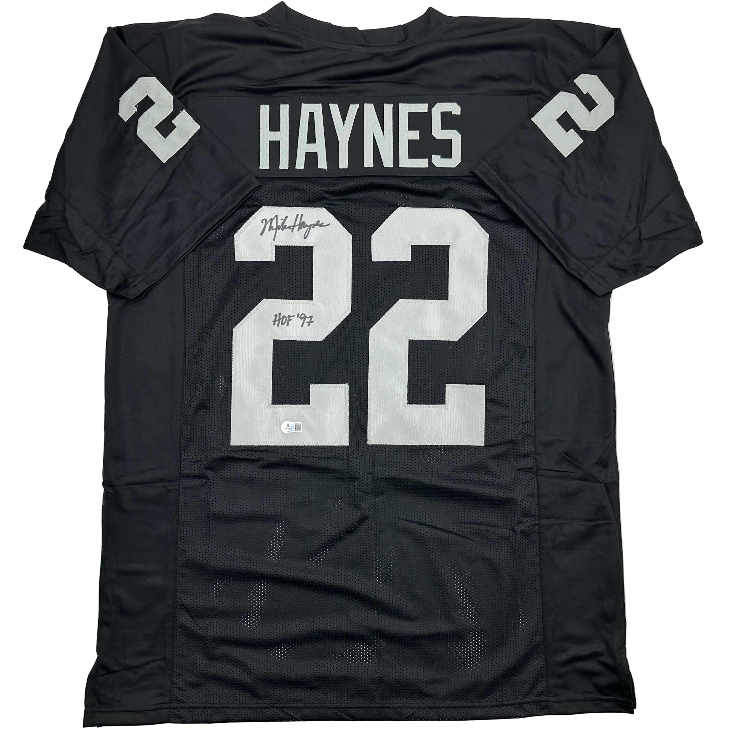 autographed-signed-michael-mike-haynes-hof-97-oakland-black-football-jersey-beckett-bas-coa