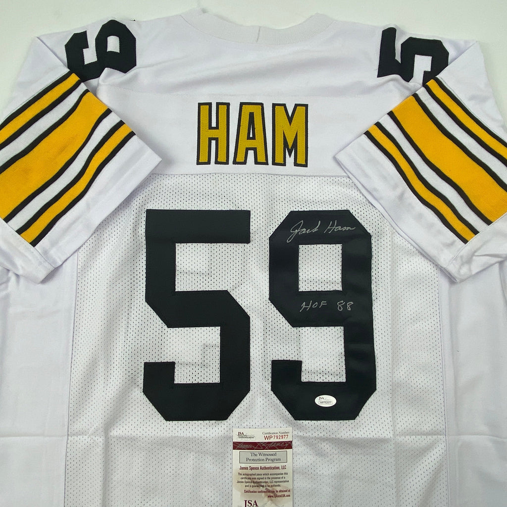 autographed-signed-jack-ham-hof-88-pittsburgh-white-football-jersey-jsa-coa