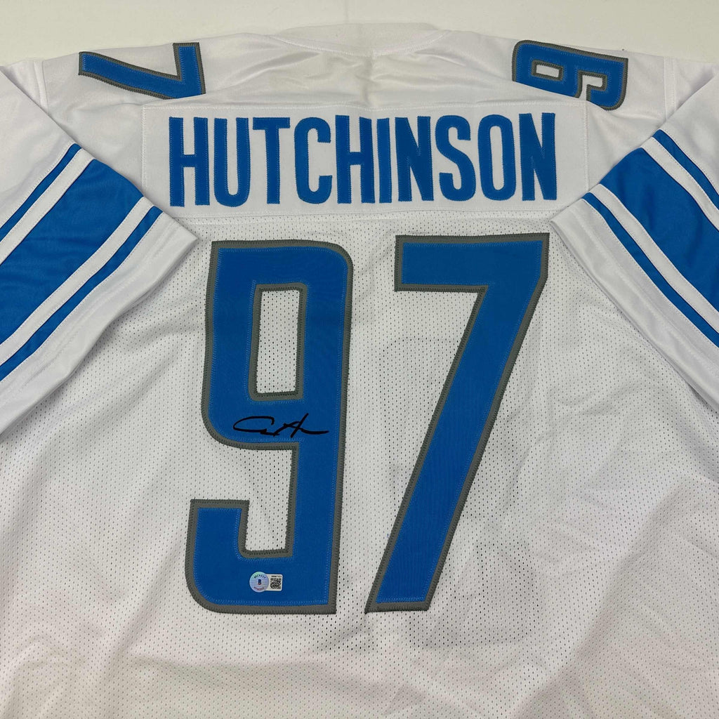 autographed-signed-aidan-hutchinson-detroit-white-football-jersey-beckett-bas-coa