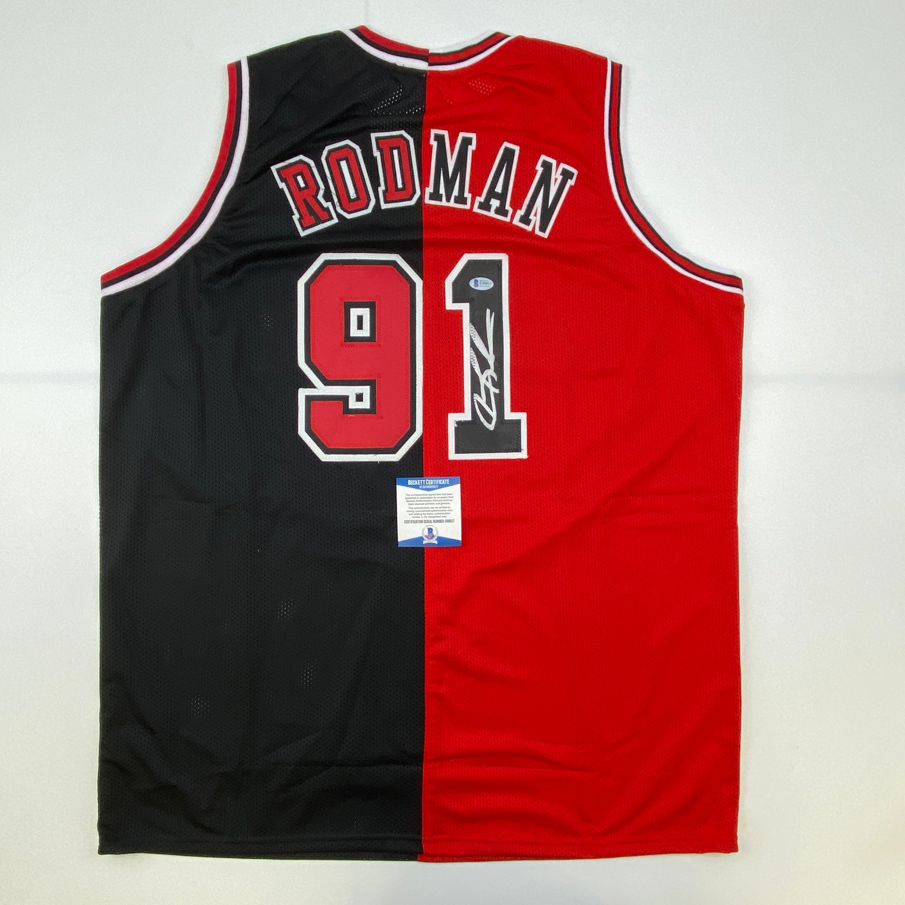 autographed-signed-dennis-rodman-chicago-split-red-black-basketball-jersey-beckett-bas-coa