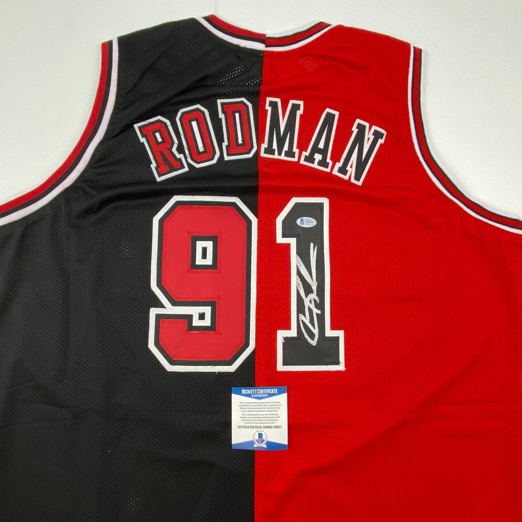 autographed-signed-dennis-rodman-chicago-split-red-black-basketball-jersey-beckett-bas-coa