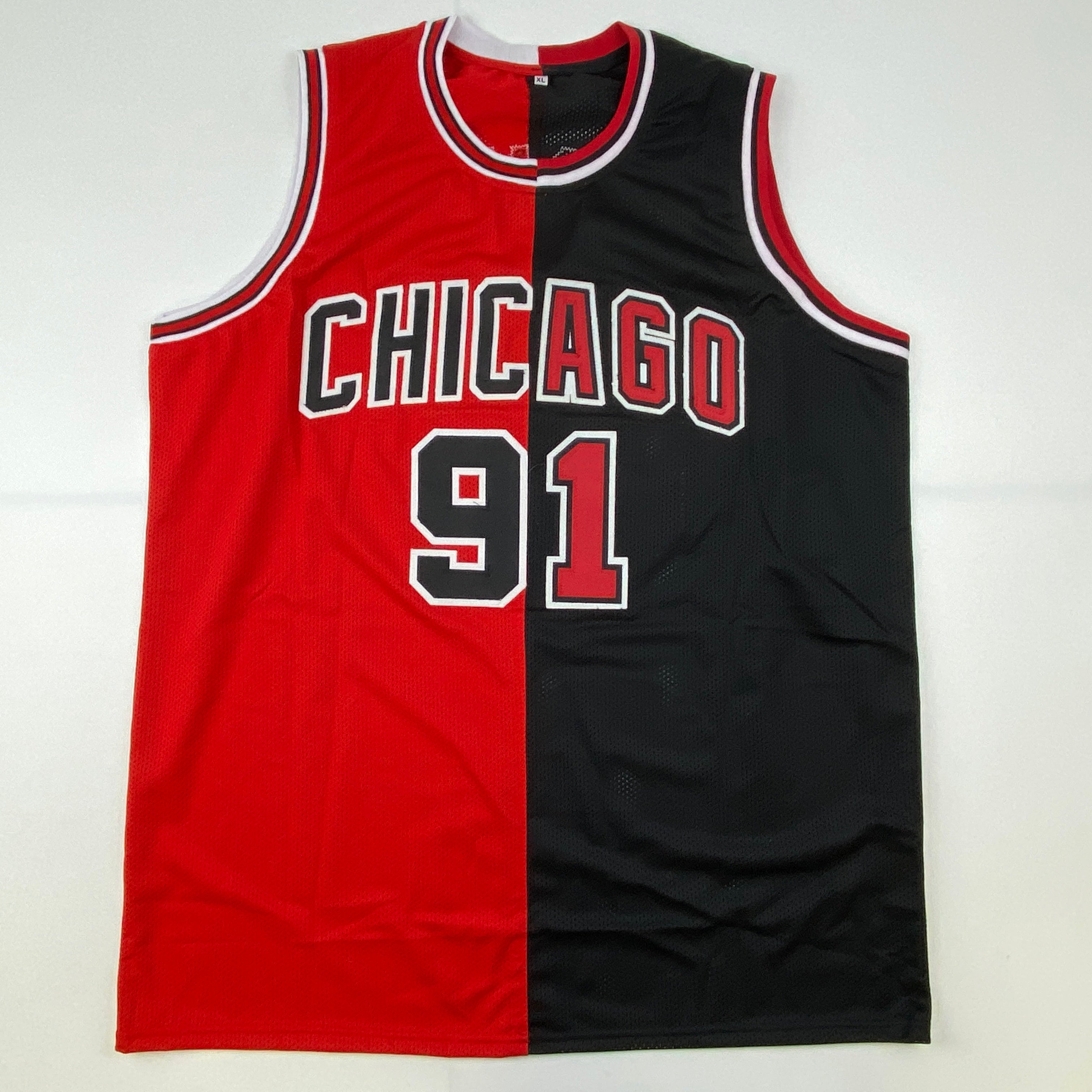 autographed-signed-dennis-rodman-chicago-split-red-black-basketball-jersey-beckett-bas-coa
