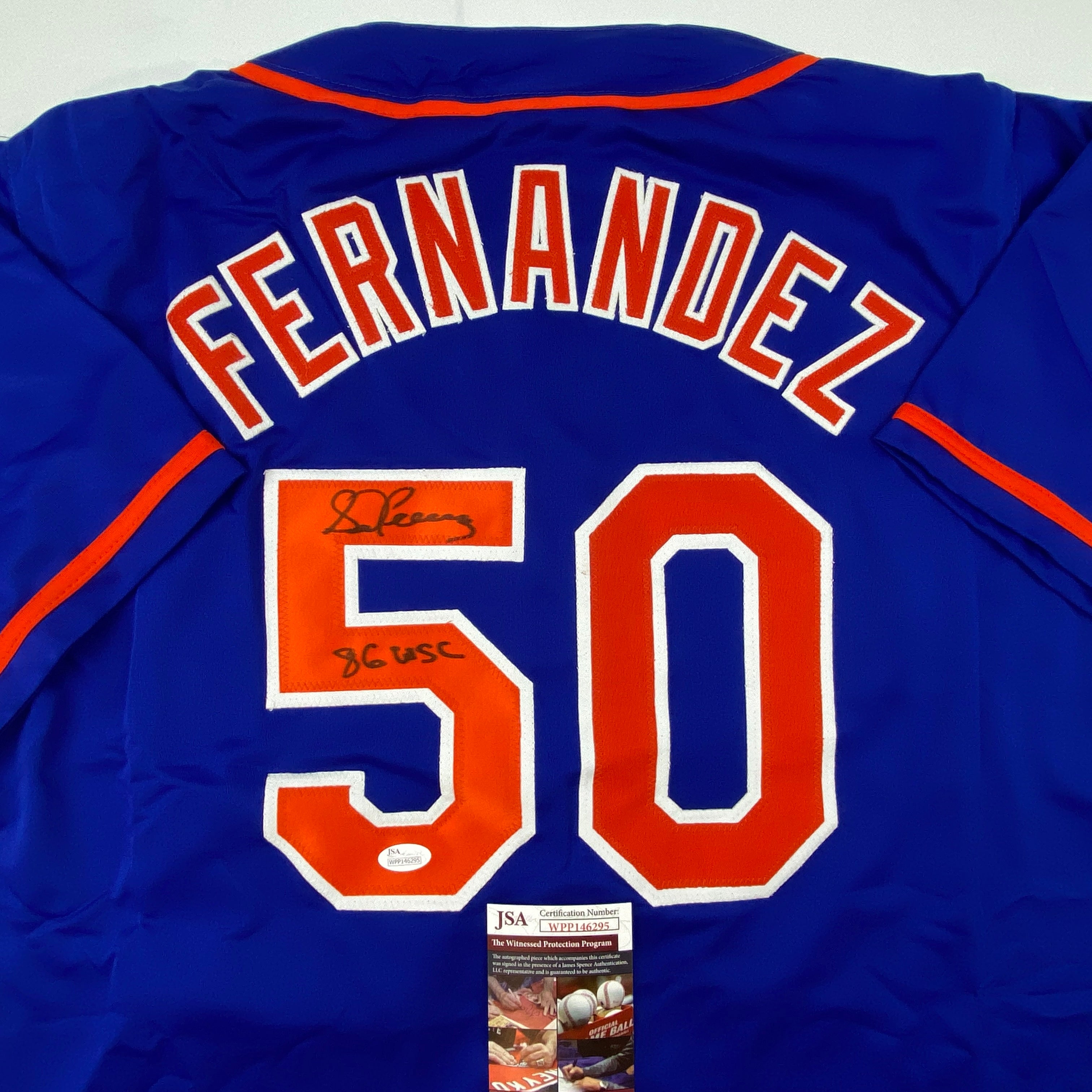 autographed-signed-sid-fernandez-86-wsc-new-york-blue-baseball-jersey-jsa-coa