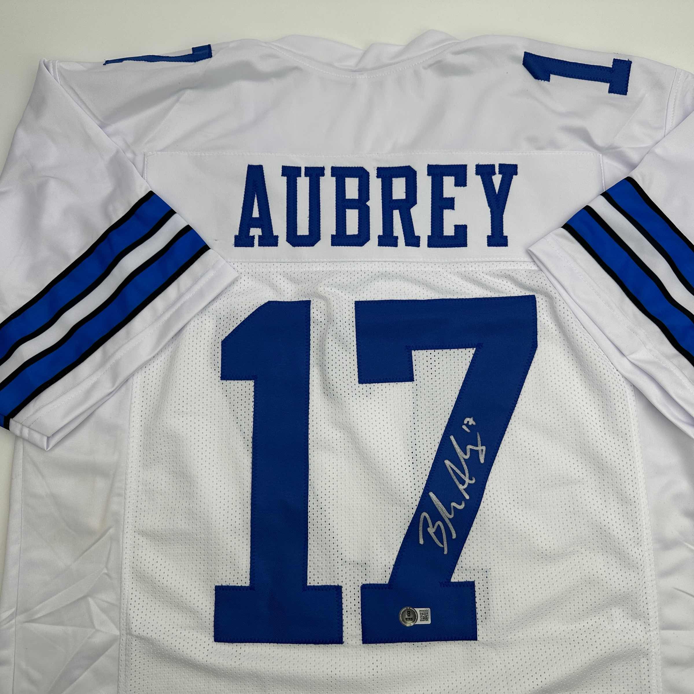 autographed-signed-brandon-aubrey-dallas-white-football-jersey-beckett-bas-coa