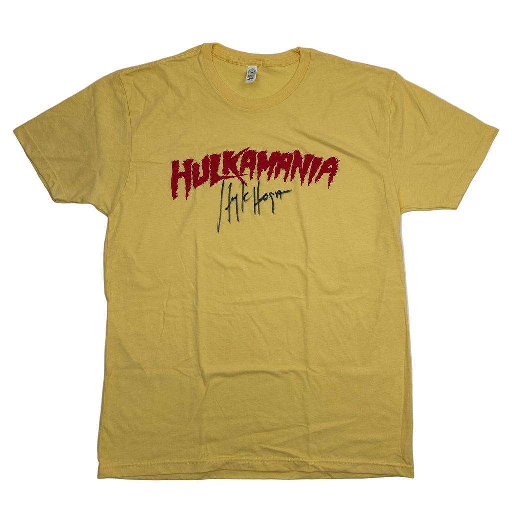 autographed-signed-hulk-hogan-hulkamania-yellow-wwe-wrestling-shirt-t-shirt-beckett-bas-coa