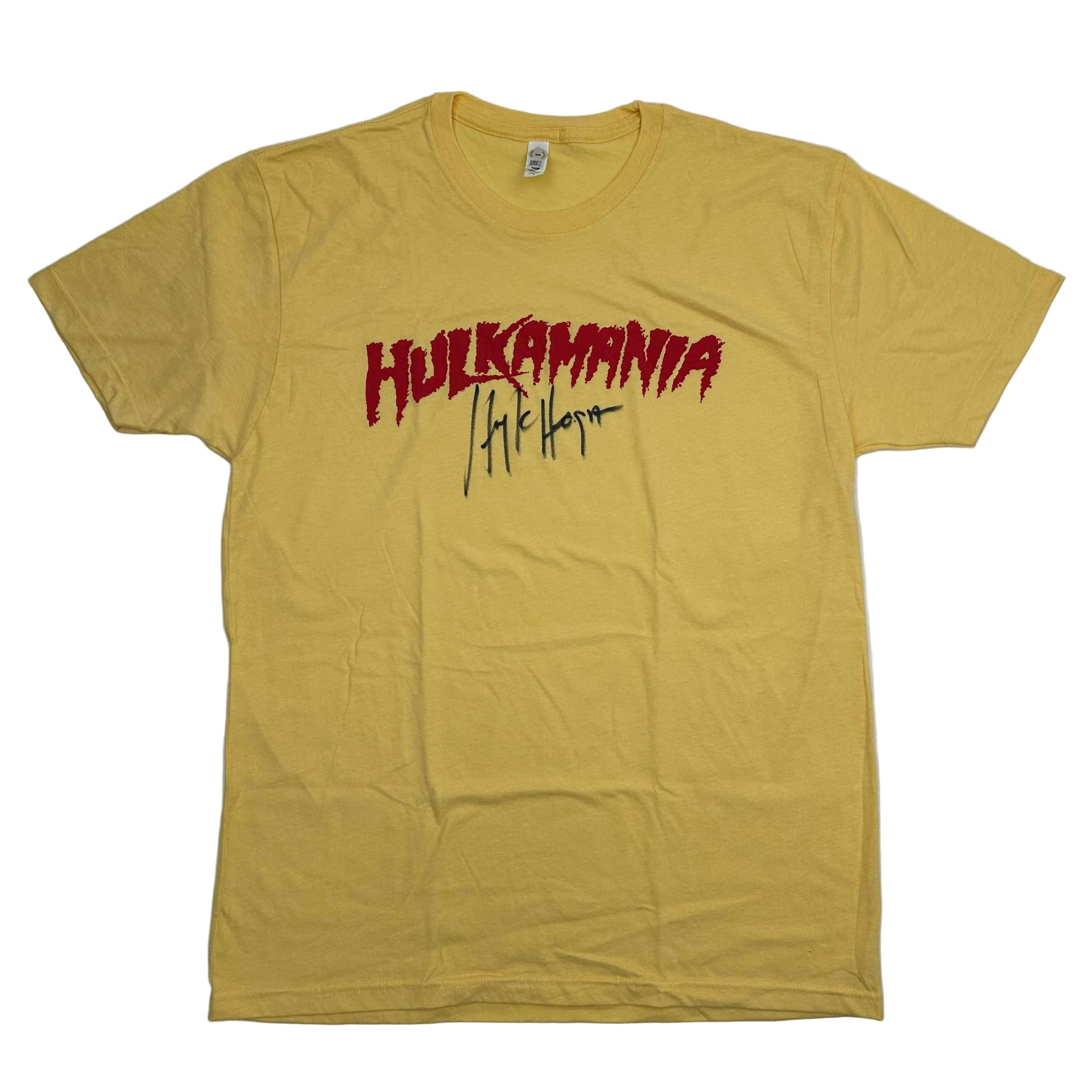 autographed-signed-hulk-hogan-hulkamania-yellow-wwe-wrestling-shirt-t-shirt-beckett-bas-coa