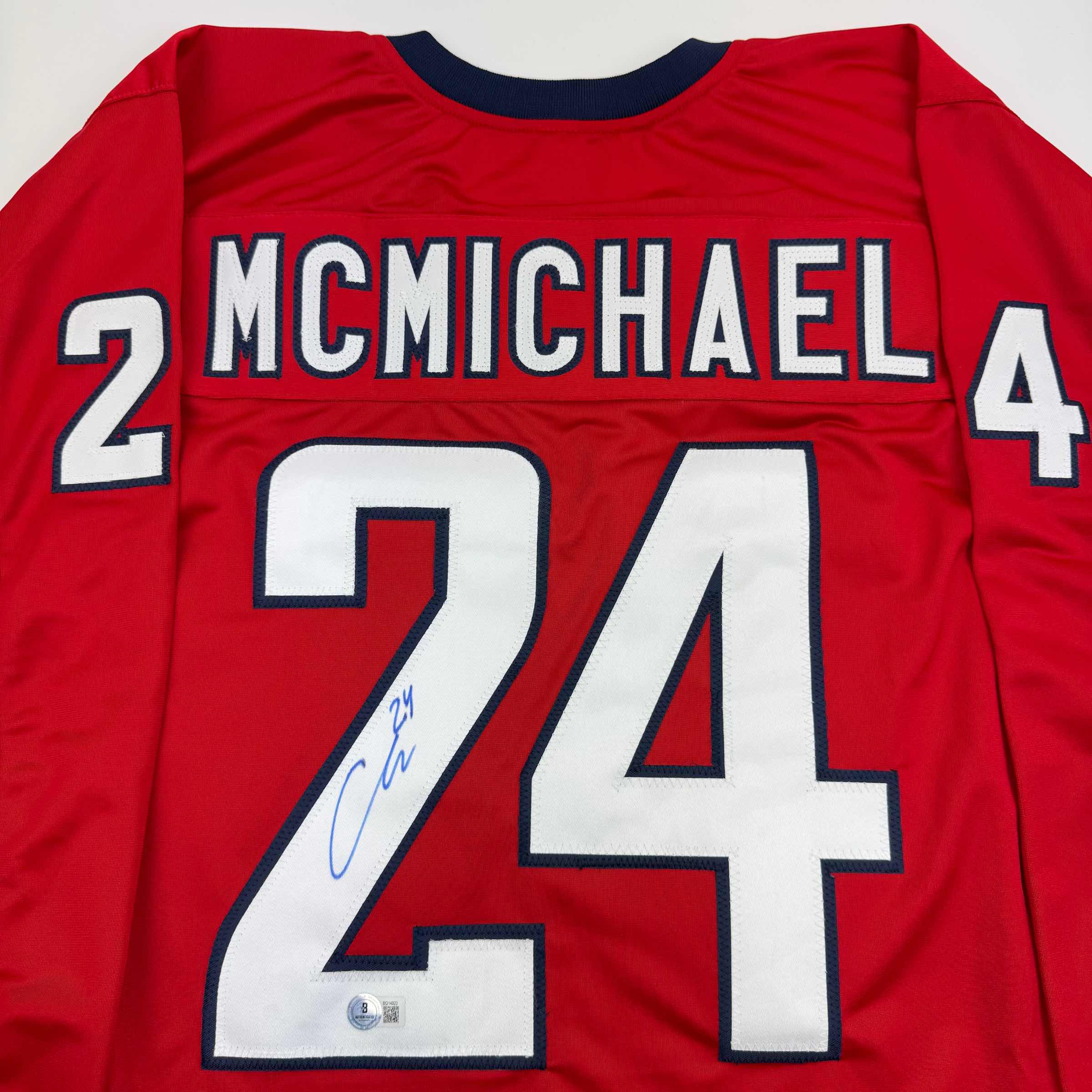 autographed-signed-connor-mcmichael-washington-red-hockey-jersey-beckett-bas-coa