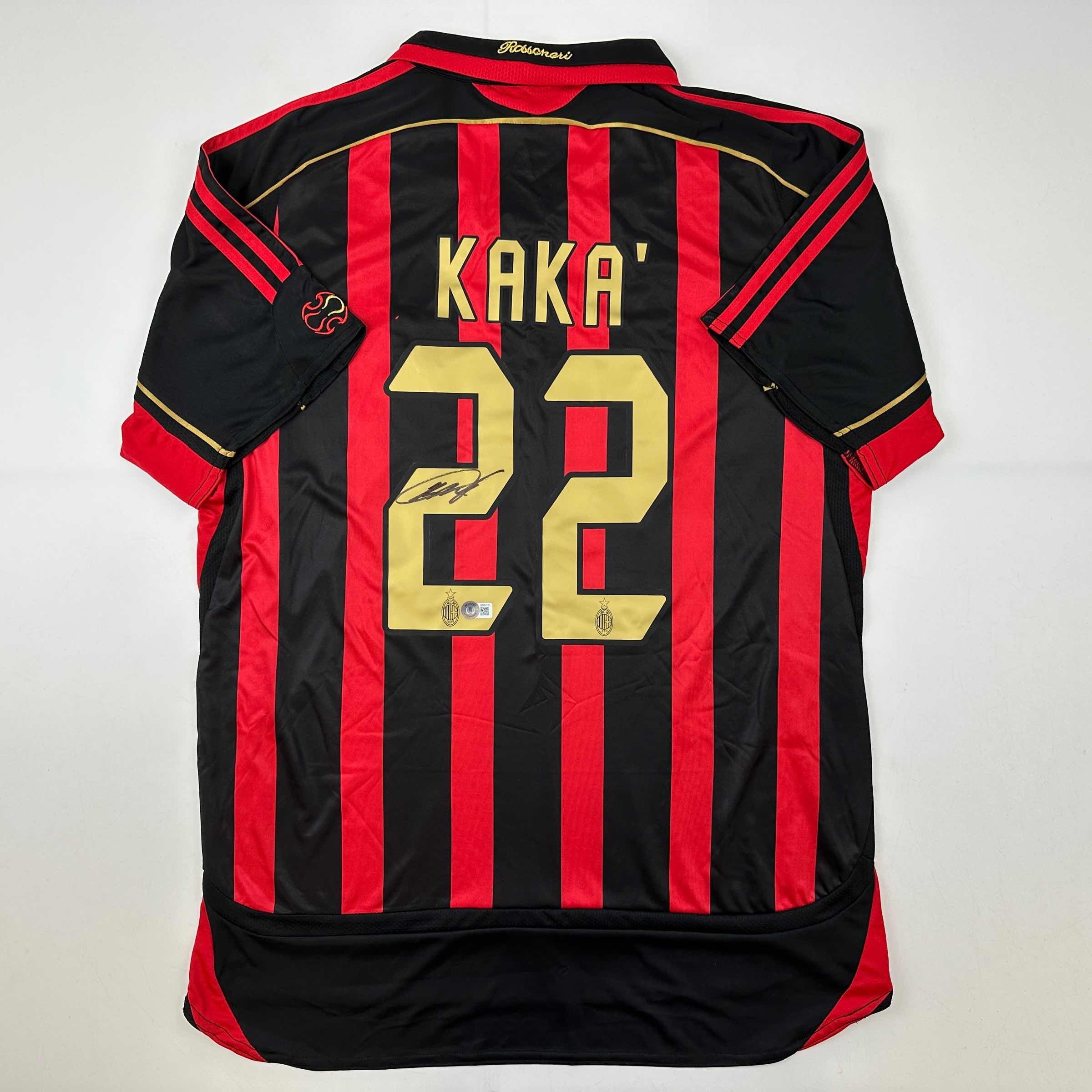 autographed-signed-ricardo-kaka-ac-milan-black-red-soccer-futbol-jersey-beckett-bas-coa