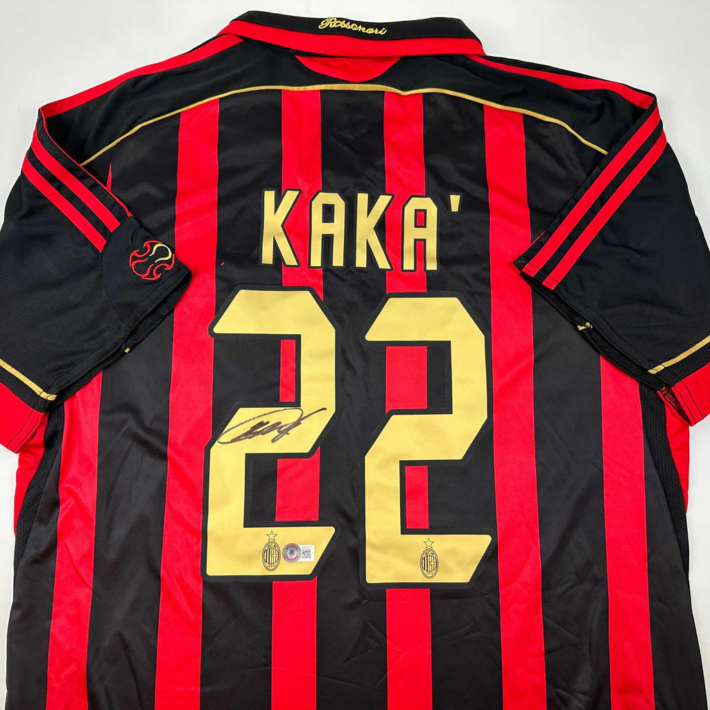autographed-signed-ricardo-kaka-ac-milan-black-red-soccer-futbol-jersey-beckett-bas-coa