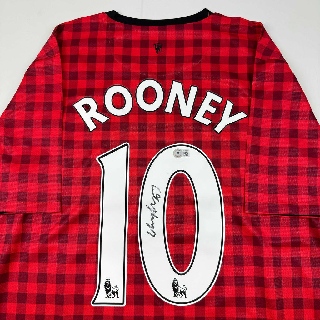 autographed-signed-wayne-rooney-manchester-united-red-checkered-soccer-jersey-beckett-bas-coa