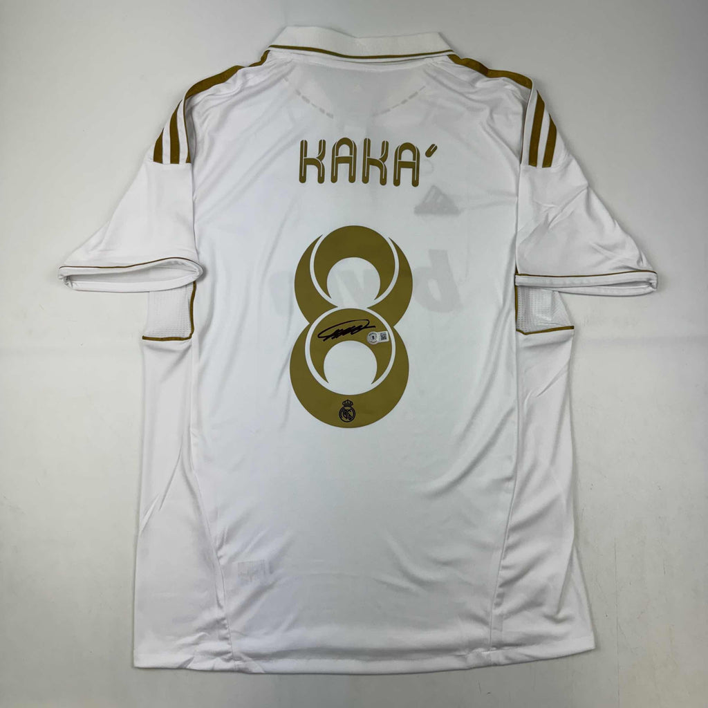 autographed-signed-ricardo-kaka-real-madrid-white-gold-retro-soccer-futbol-jersey-beckett-bas-coa