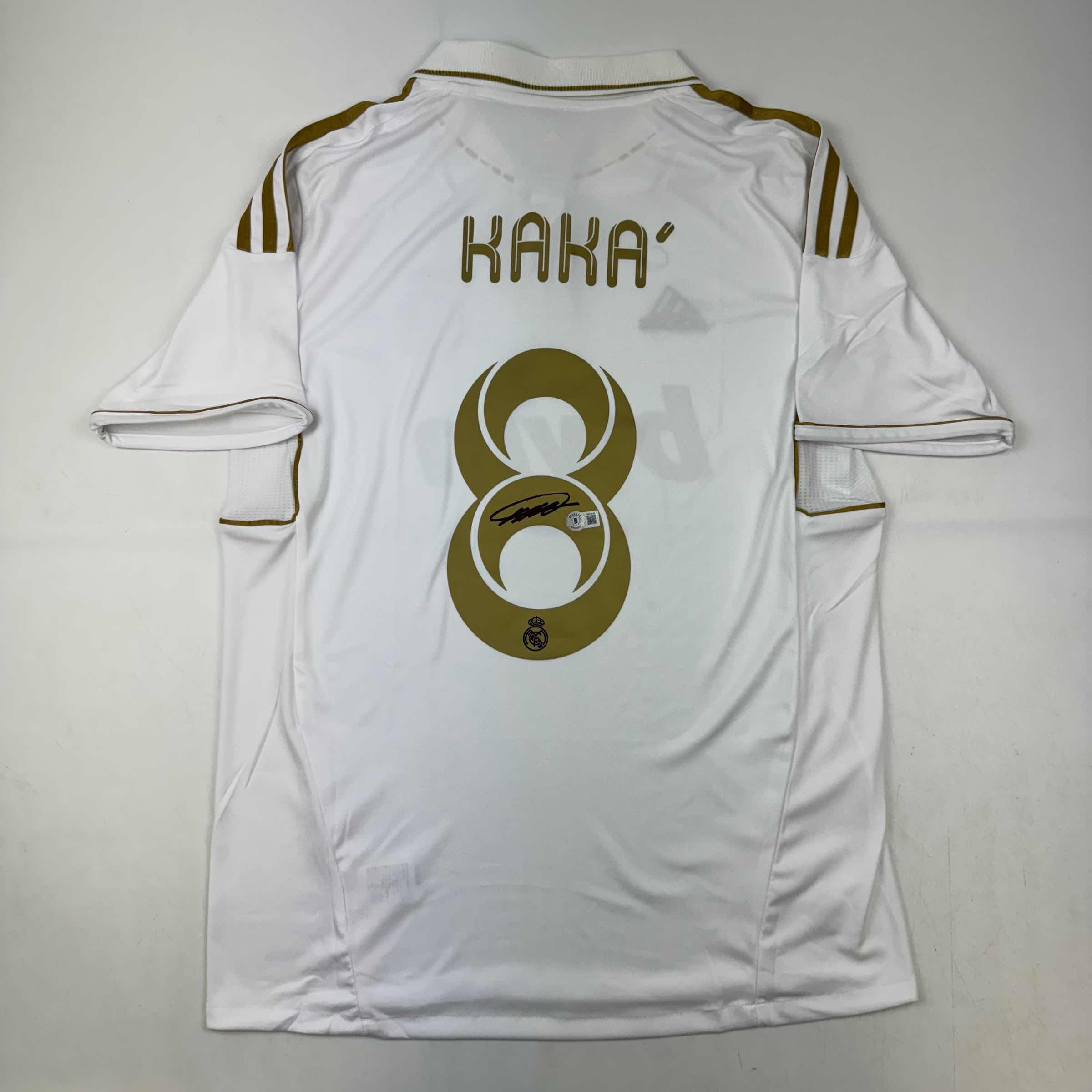 autographed-signed-ricardo-kaka-real-madrid-white-gold-retro-soccer-futbol-jersey-beckett-bas-coa