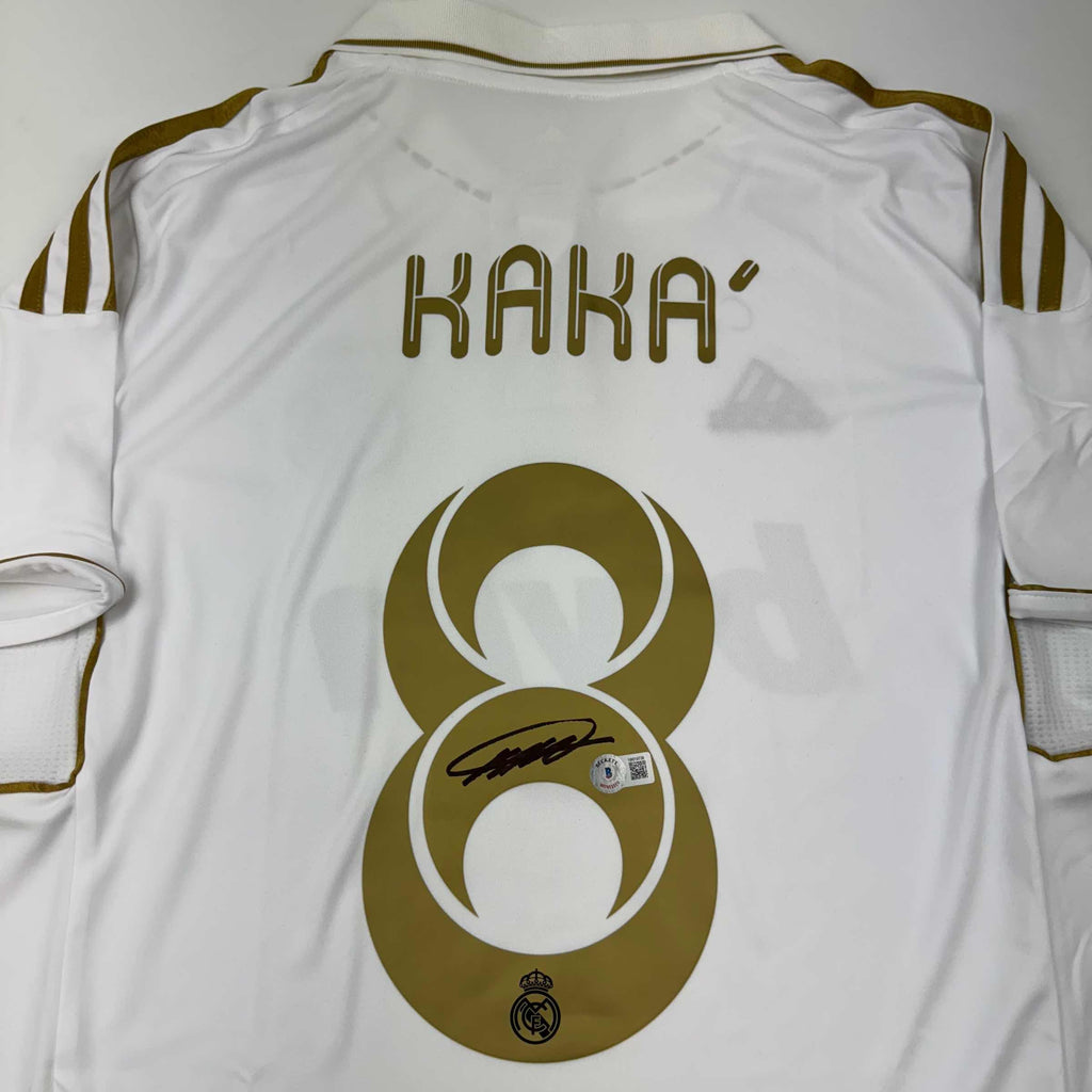 autographed-signed-ricardo-kaka-real-madrid-white-gold-retro-soccer-futbol-jersey-beckett-bas-coa