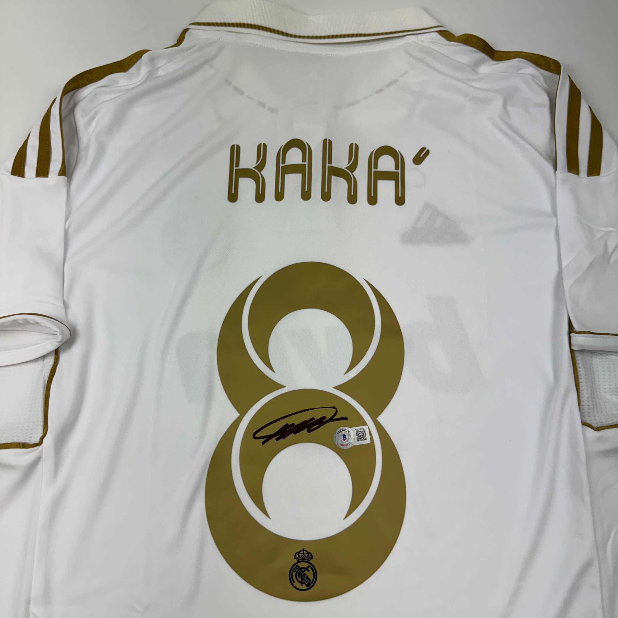 autographed-signed-ricardo-kaka-real-madrid-white-gold-retro-soccer-futbol-jersey-beckett-bas-coa