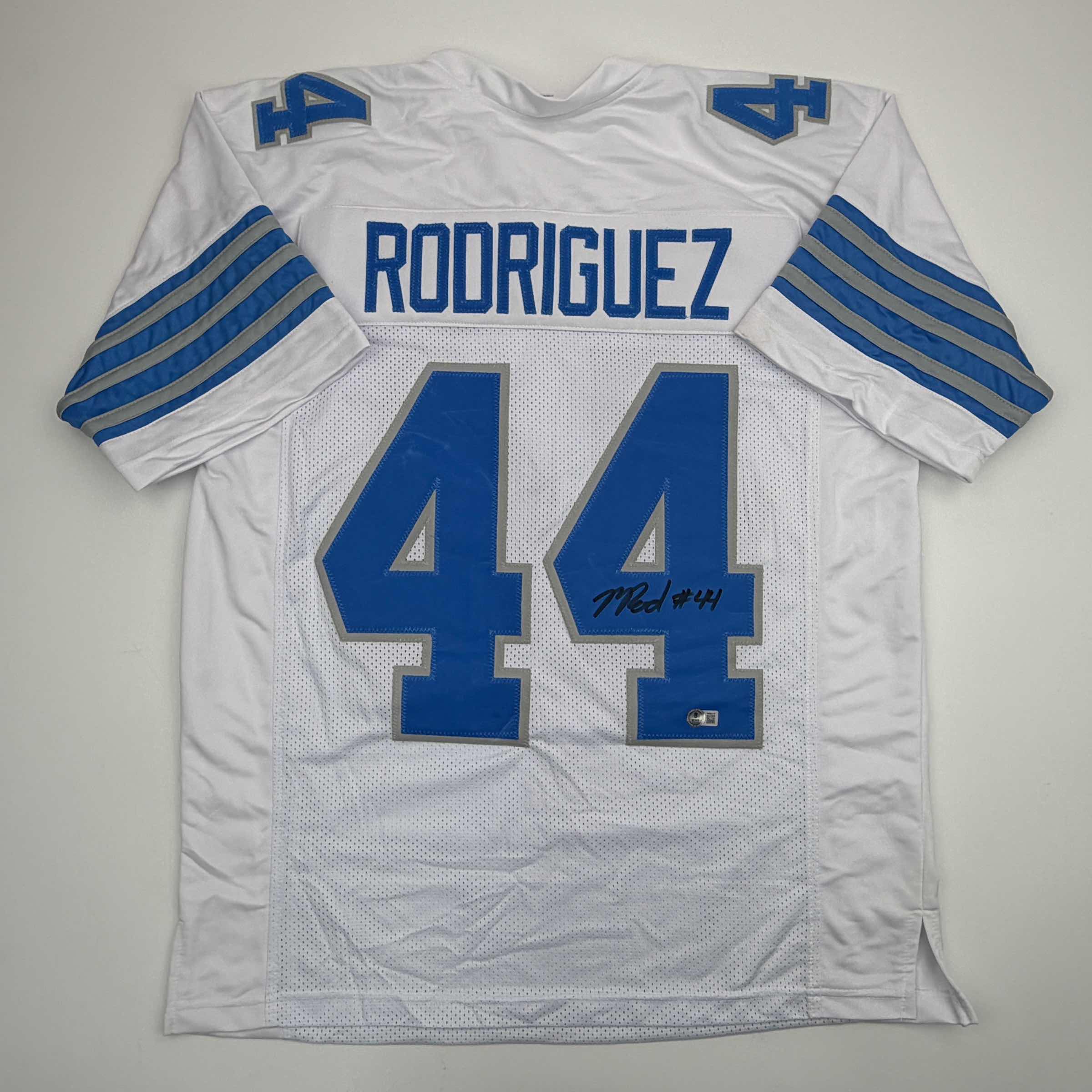 autographed-signed-malcolm-rodriguez-detroit-white-football-jersey-beckett-bas-coa
