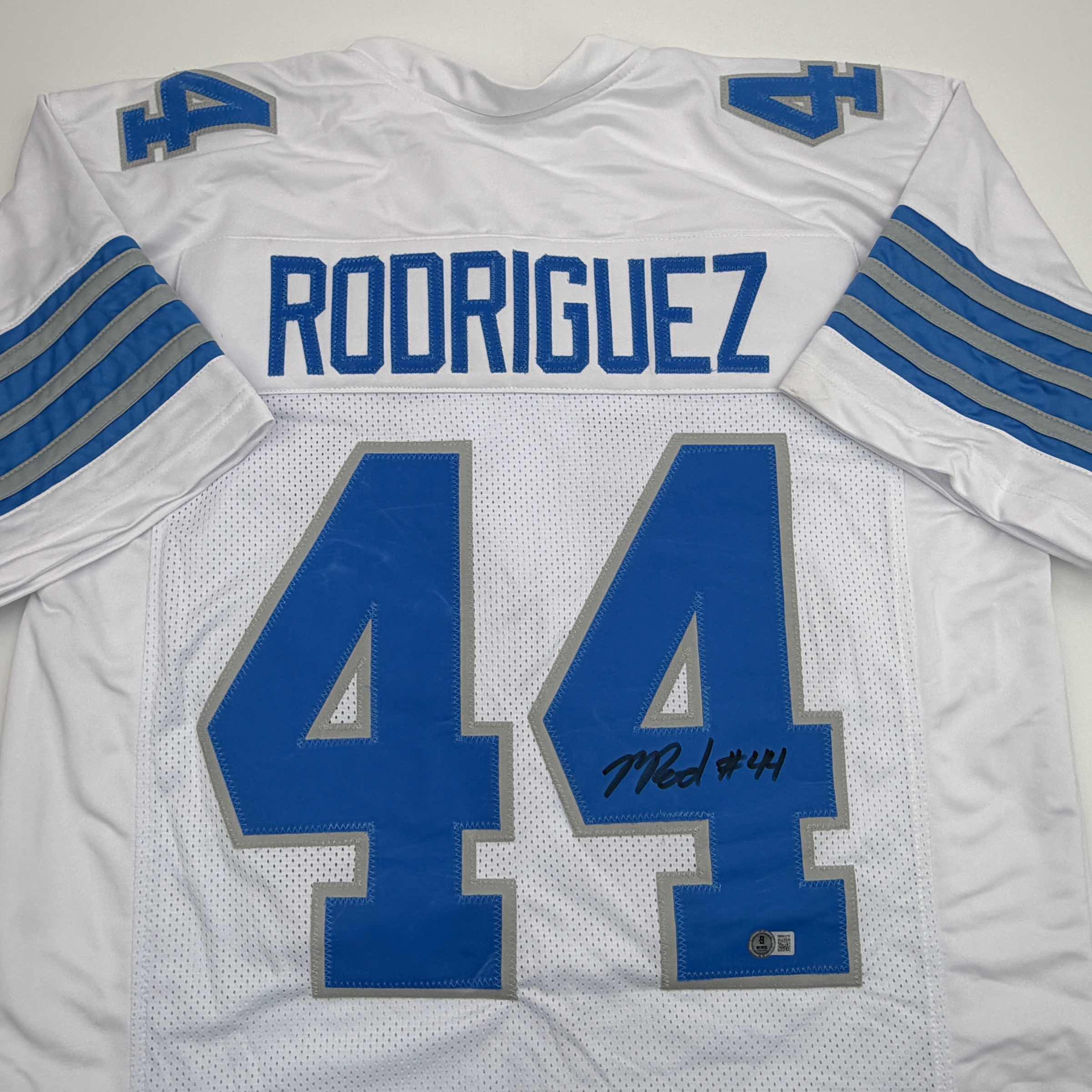 autographed-signed-malcolm-rodriguez-detroit-white-football-jersey-beckett-bas-coa