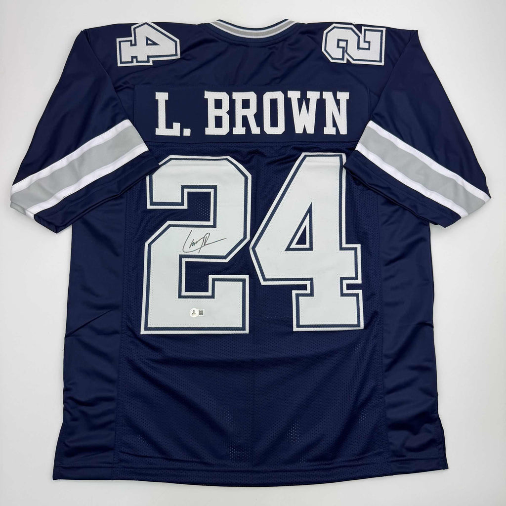 autographed-signed-larry-brown-dallas-blue-football-jersey-beckett-bas-coa