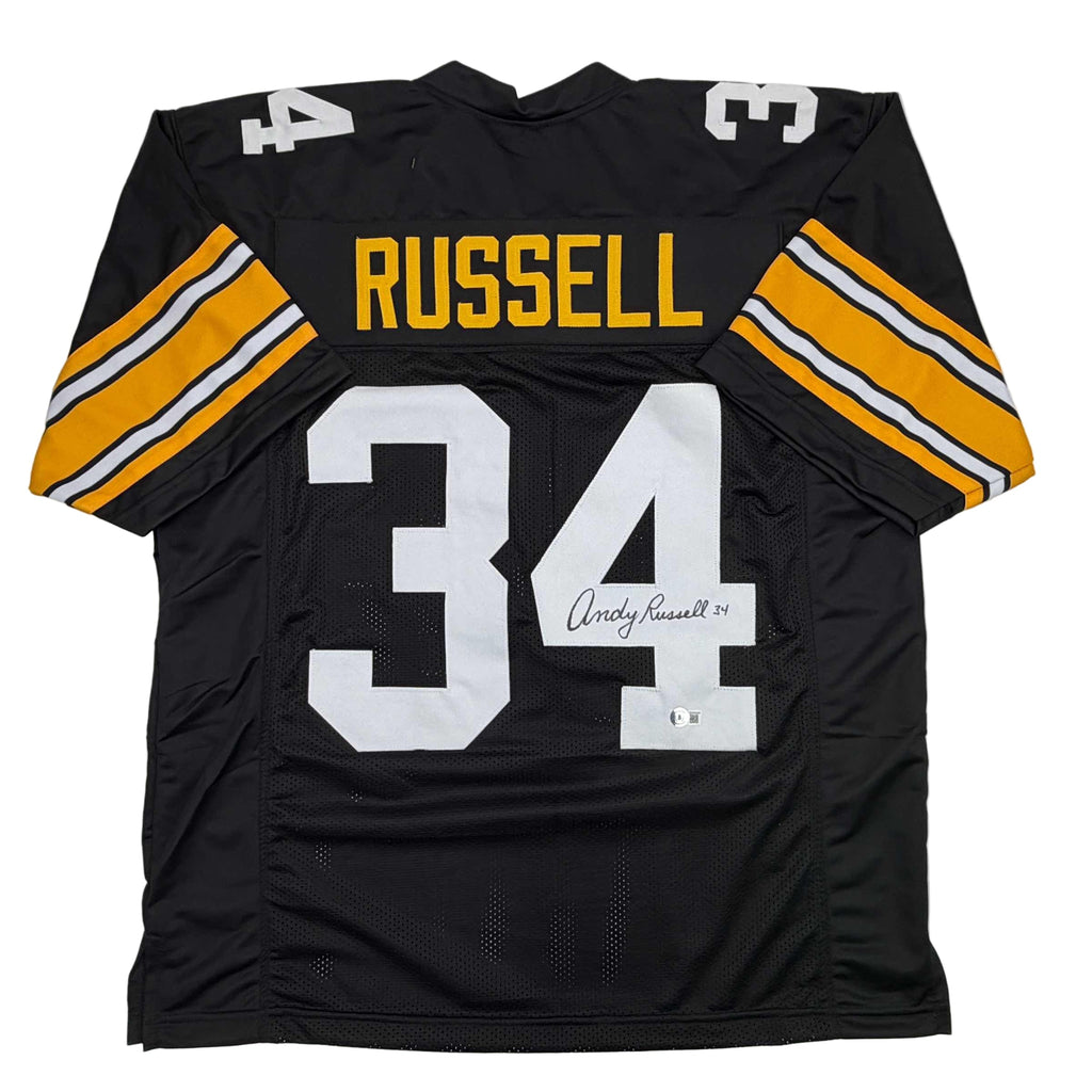 autographed-signed-andy-russell-pittsburgh-black-football-jersey-beckett-bas-coa