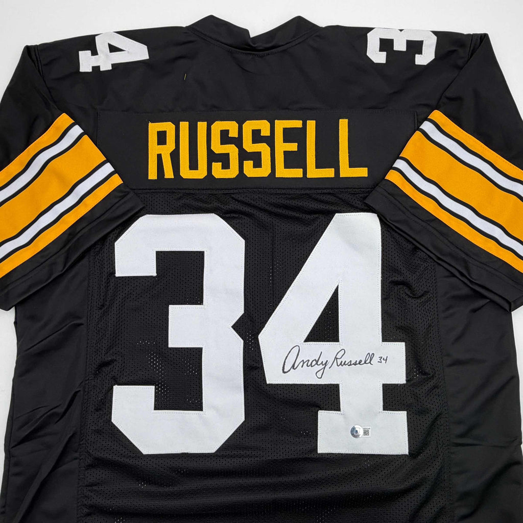 autographed-signed-andy-russell-pittsburgh-black-football-jersey-beckett-bas-coa