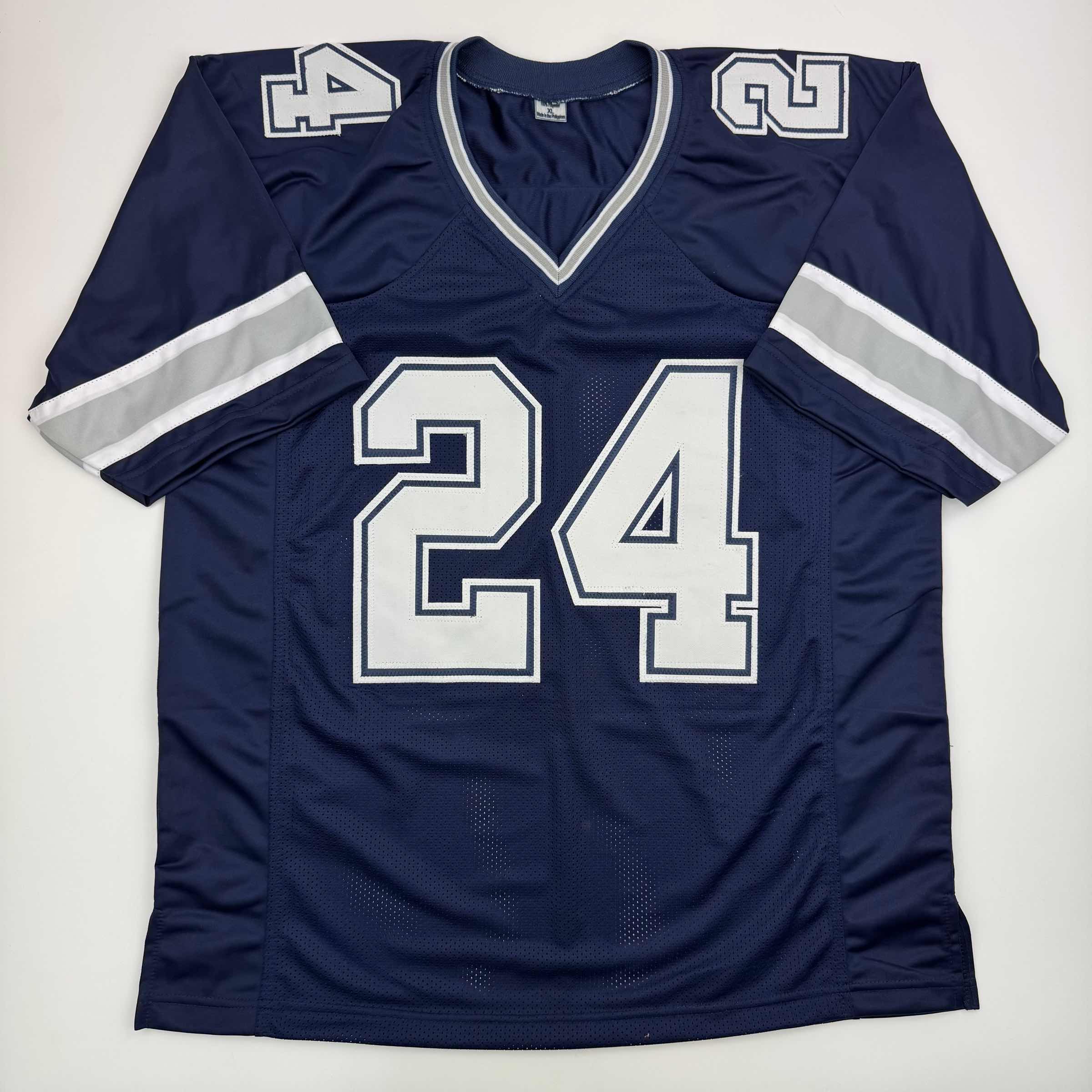 autographed-signed-larry-brown-dallas-blue-football-jersey-beckett-bas-coa