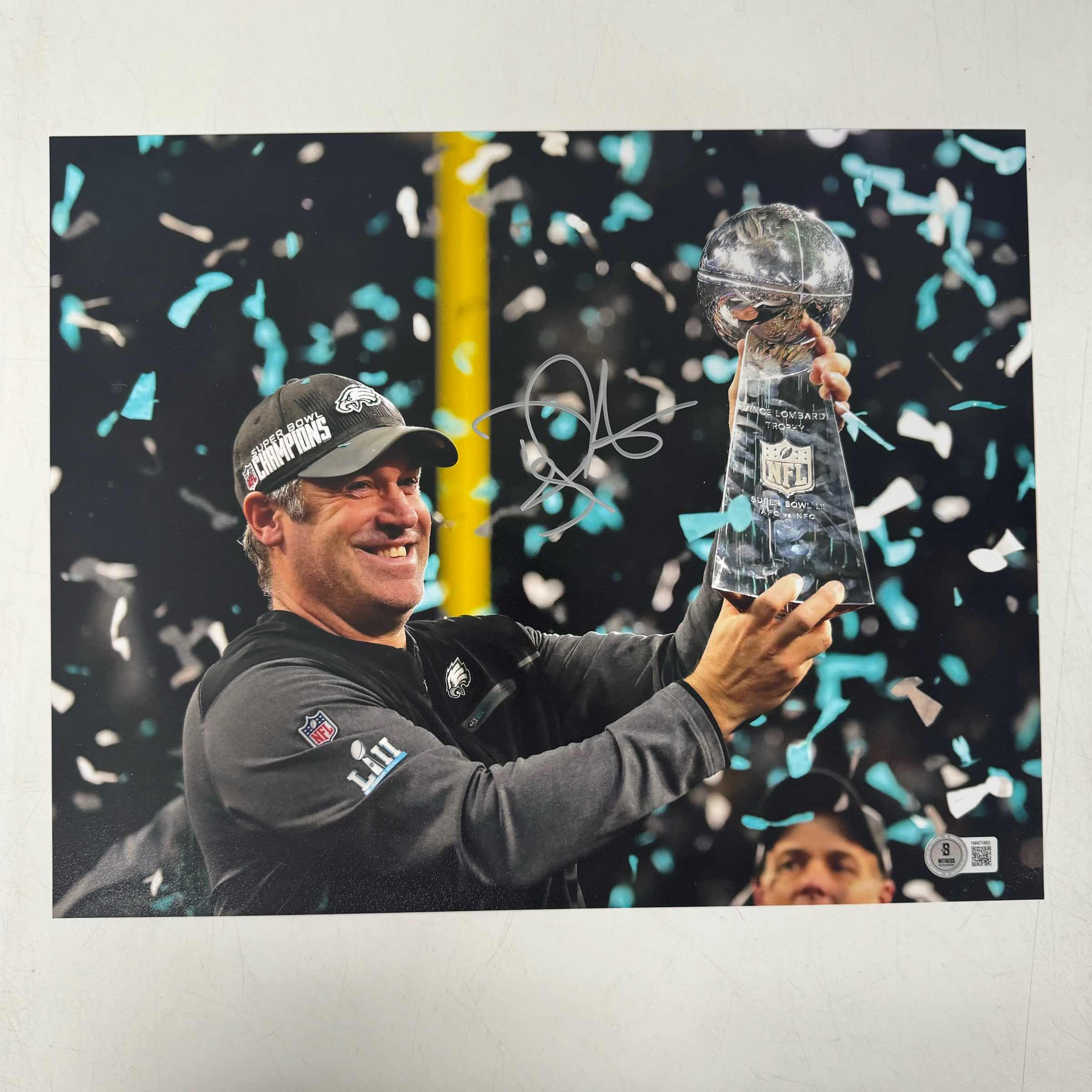 autographed-signed-doug-pederson-philadelphia-eagles-super-bowl-lii-52-champions-11x14-football-photo-beckett-bas-coa