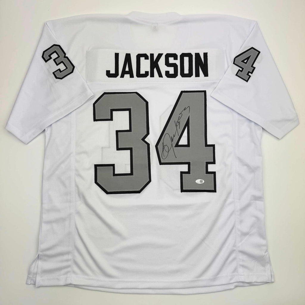 autographed-signed-bo-jackson-oakland-white-color-rush-football-jersey-jsa-coa