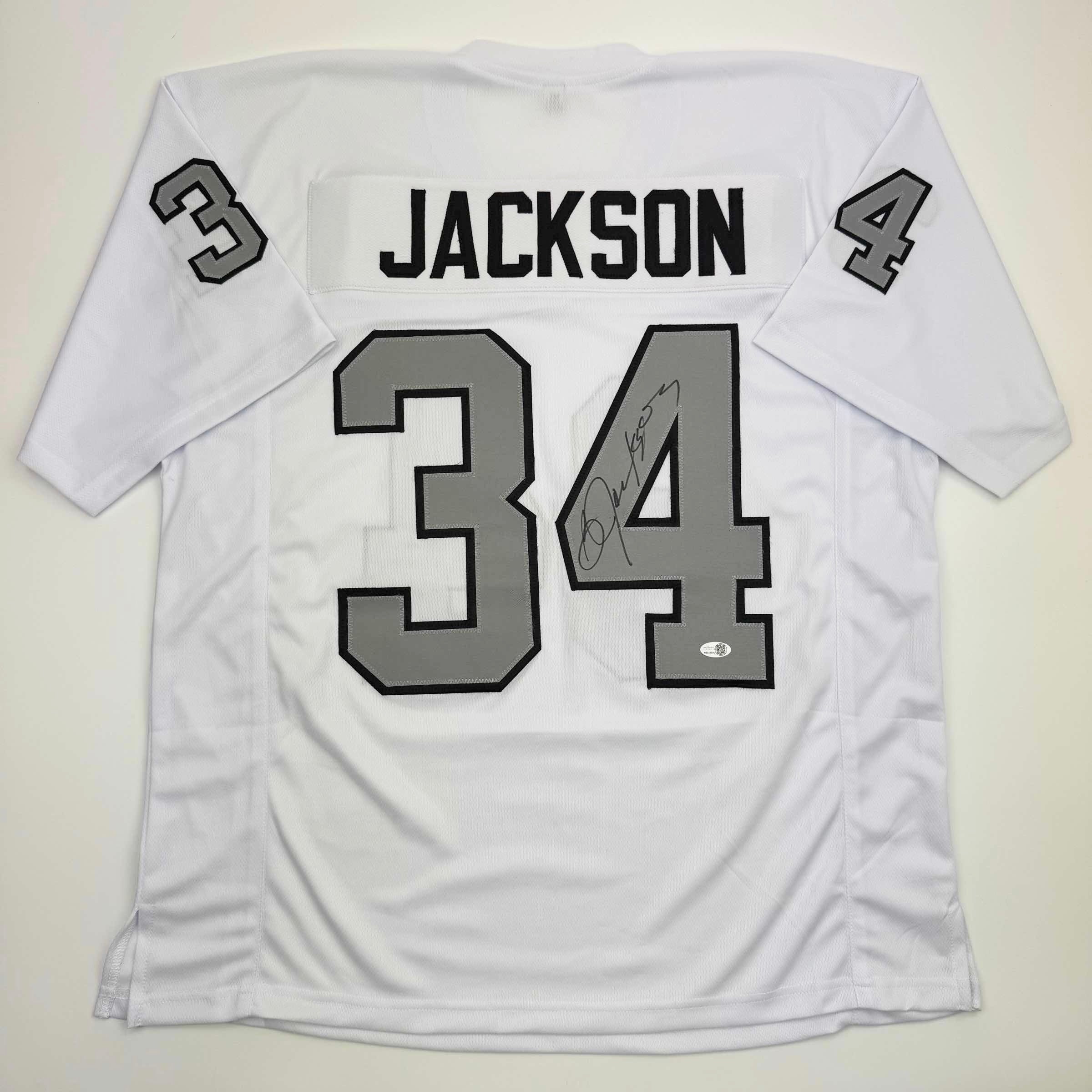 autographed-signed-bo-jackson-oakland-white-color-rush-football-jersey-jsa-coa