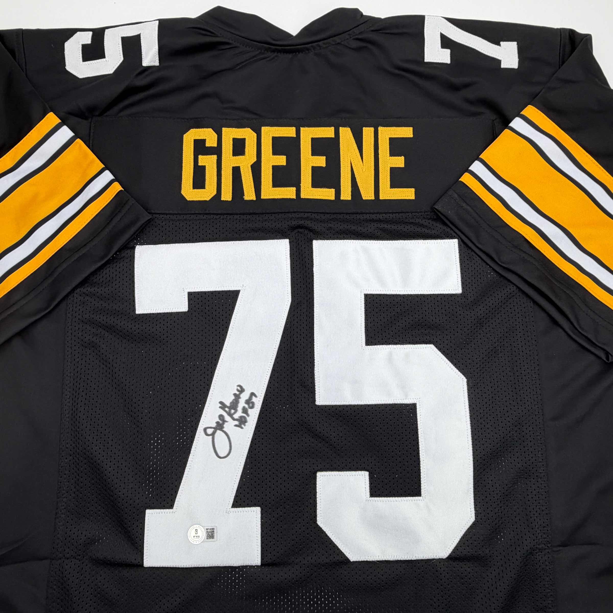 autographed-signed-mean-joe-greene-hof-87-pittsburgh-black-football-jersey-beckett-bas-coa