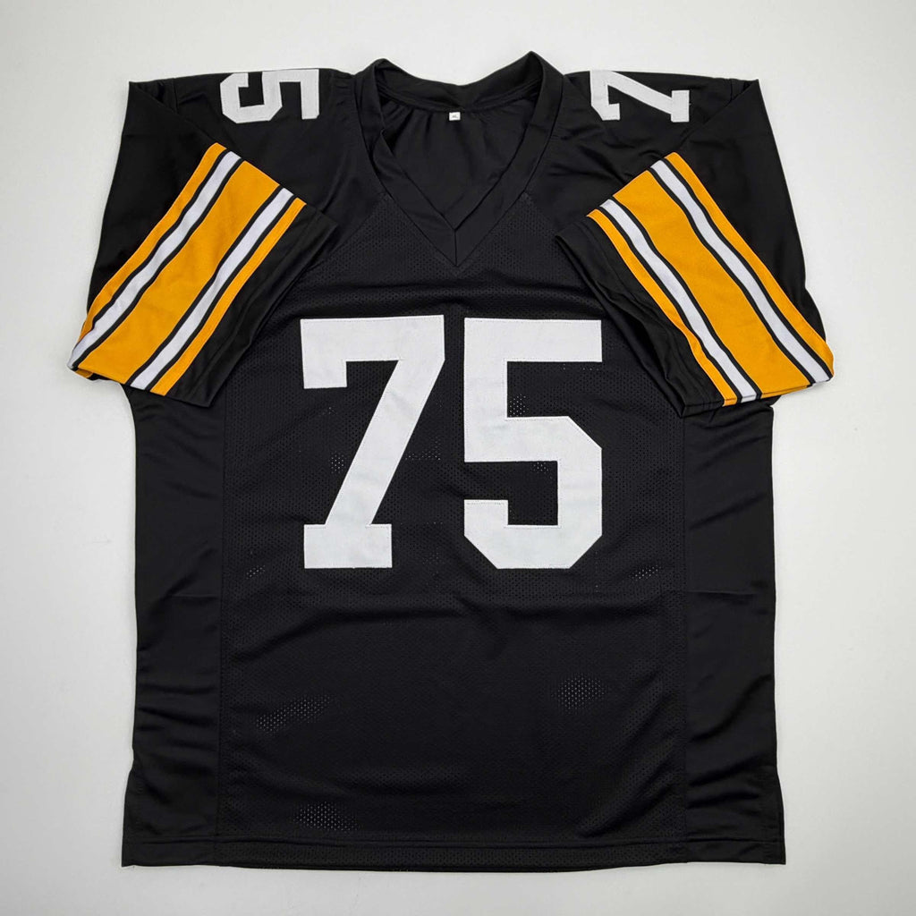 autographed-signed-mean-joe-greene-hof-87-pittsburgh-black-football-jersey-beckett-bas-coa
