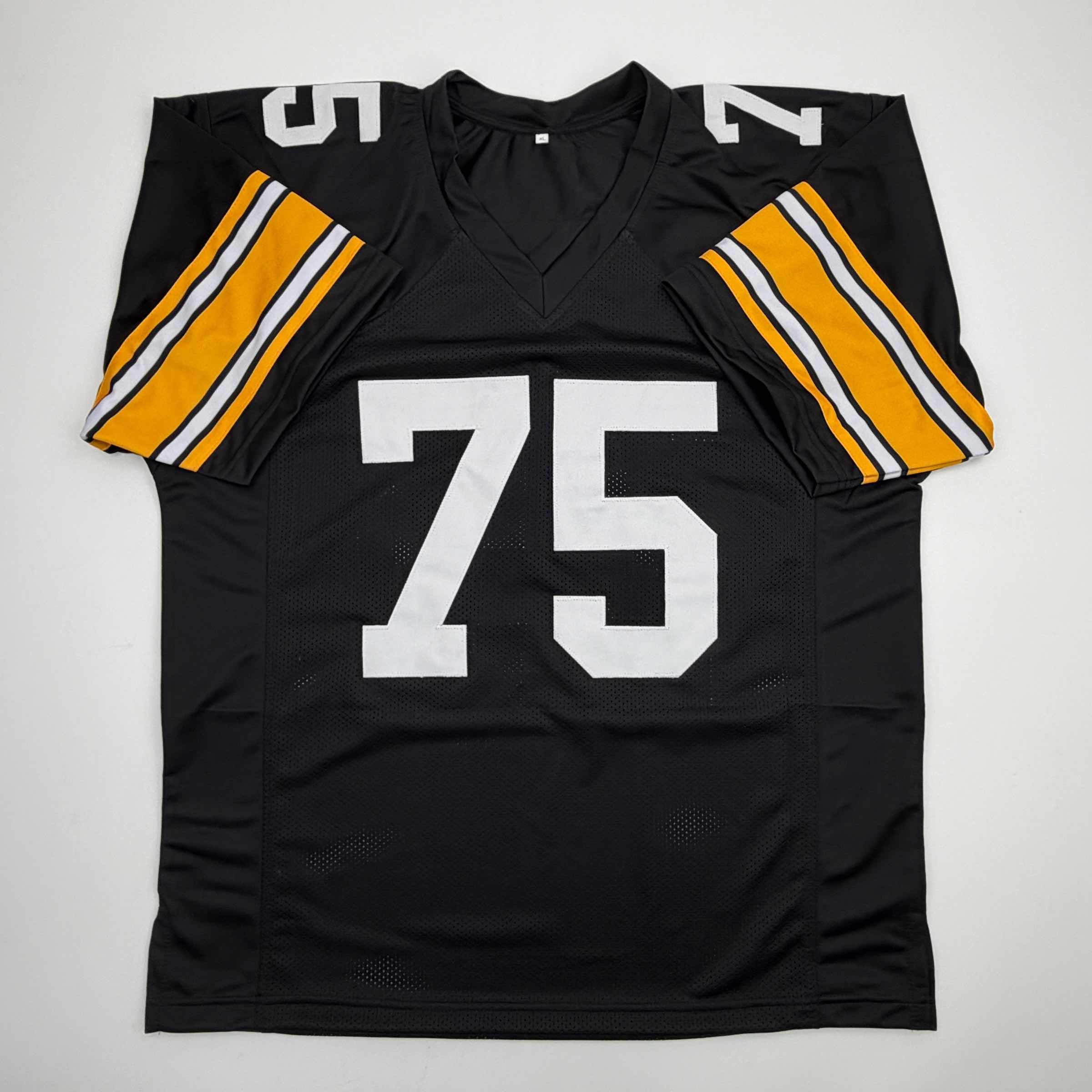 autographed-signed-mean-joe-greene-hof-87-pittsburgh-black-football-jersey-beckett-bas-coa