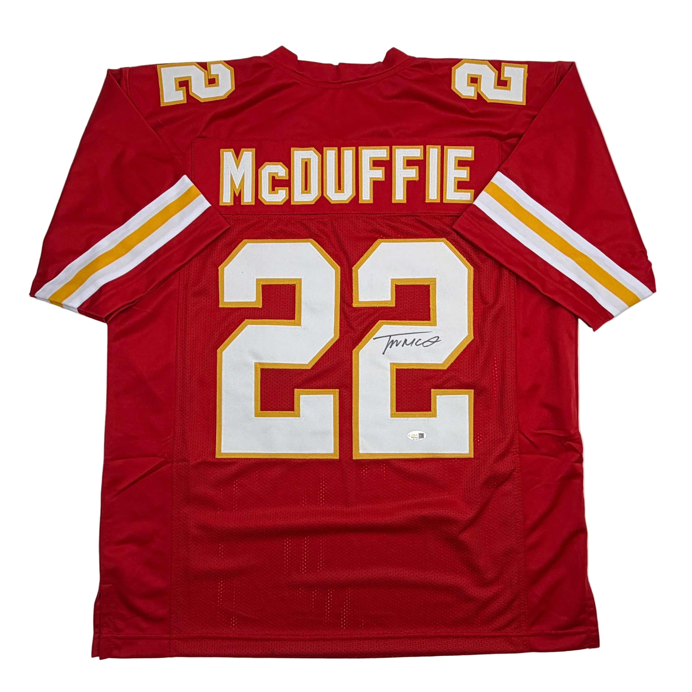 autographed-signed-trent-mcduffie-kansas-city-red-football-jersey-jsa-coa