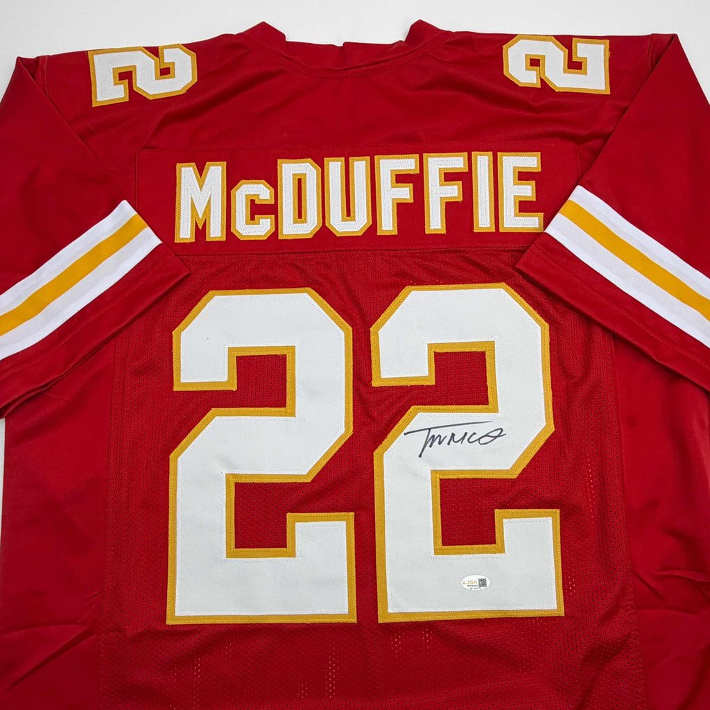 autographed-signed-trent-mcduffie-kansas-city-red-football-jersey-jsa-coa