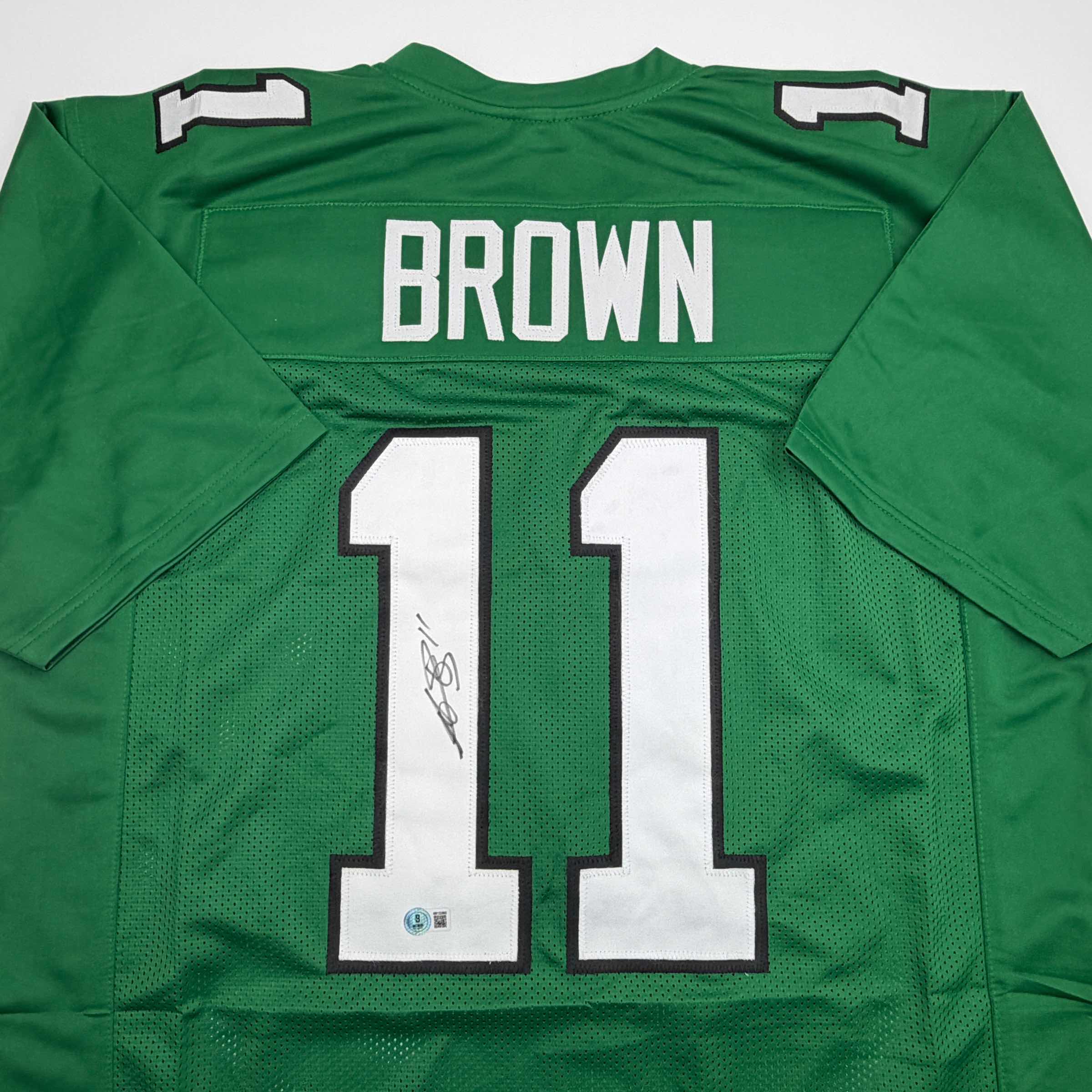autographed-signed-aj-a-j-brown-philadelphia-kelly-green-football-jersey-beckett-bas-coa