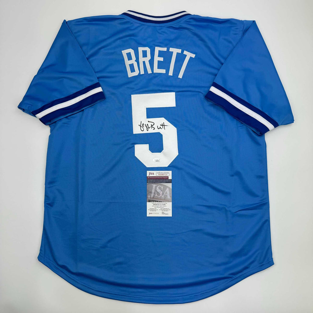 autographed-signed-george-brett-kansas-city-blue-baseball-jersey-jsa-coa