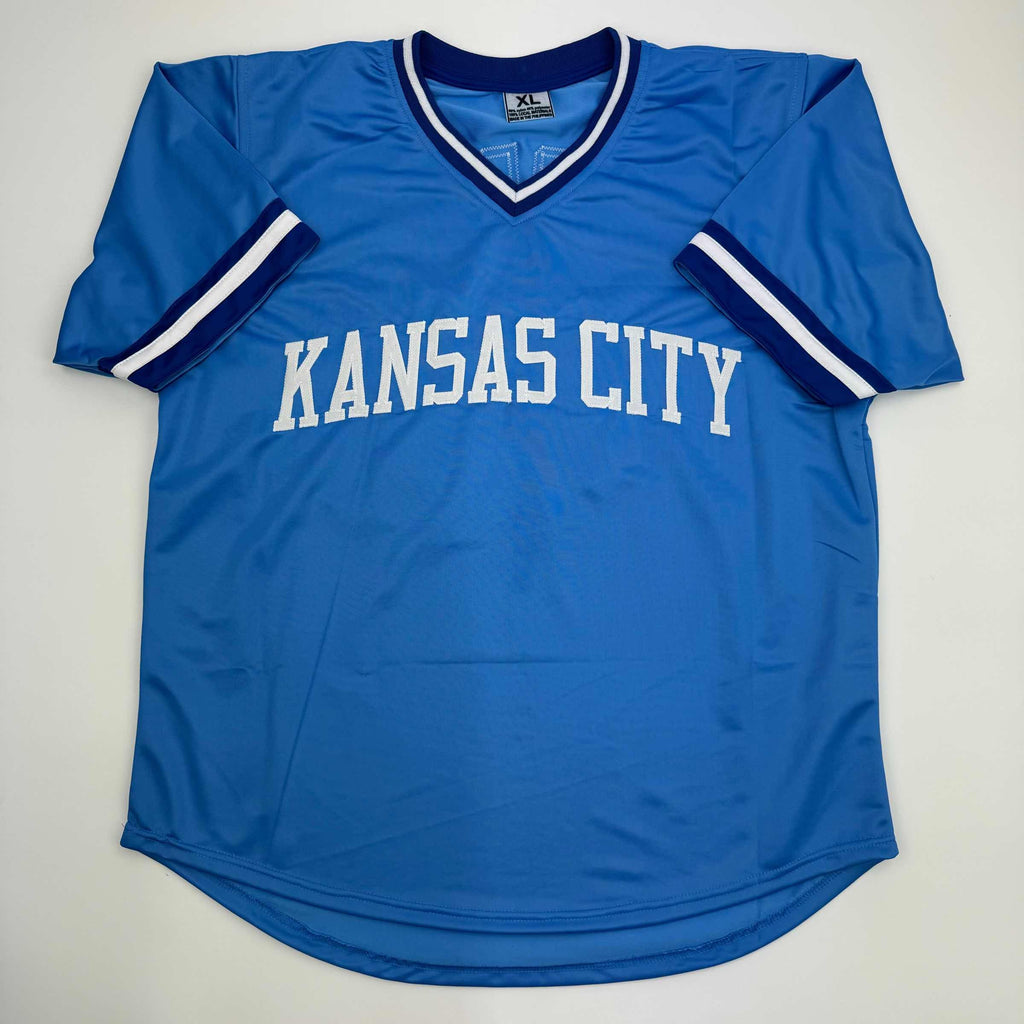 autographed-signed-george-brett-kansas-city-blue-baseball-jersey-jsa-coa