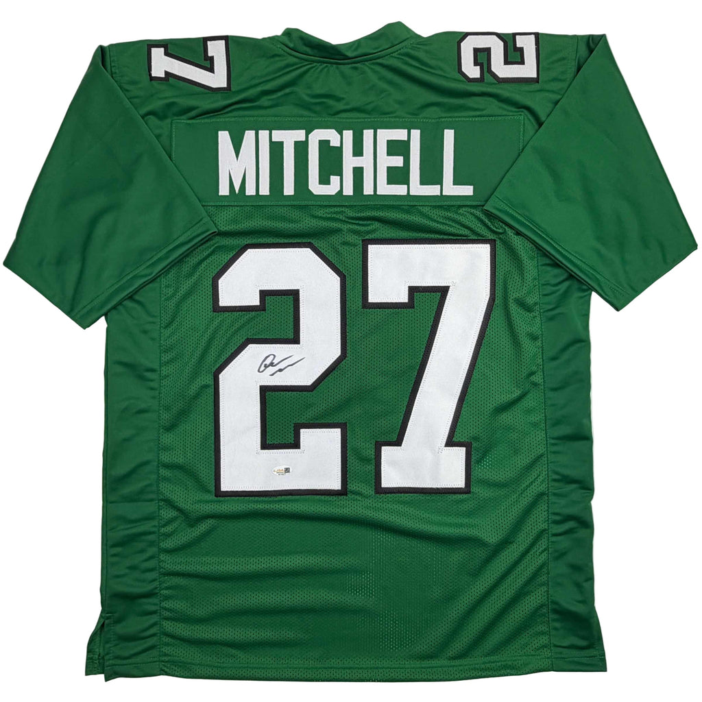 autographed-signed-quinyon-mitchell-philadelphia-kelly-green-football-jersey-jsa-coa
