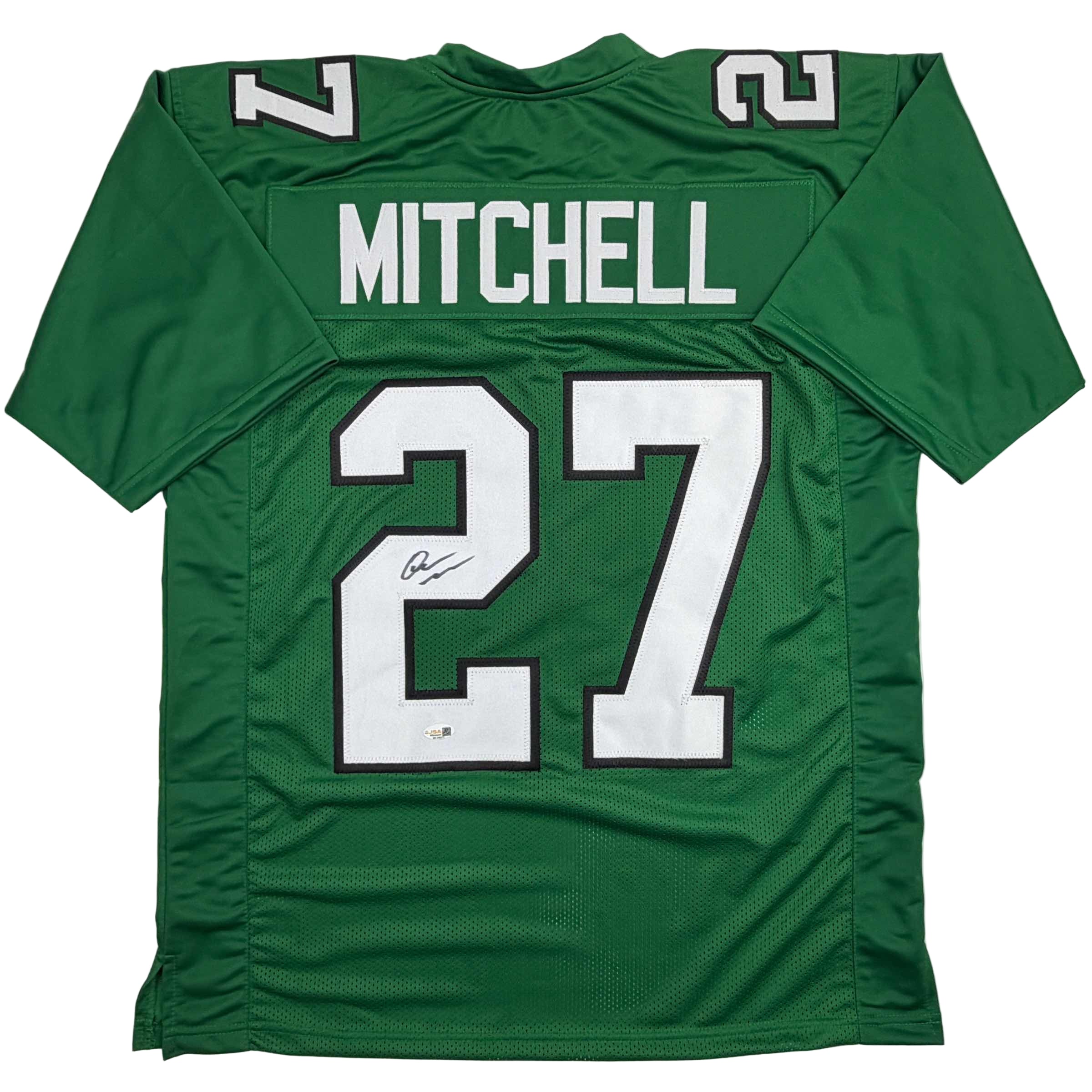 autographed-signed-quinyon-mitchell-philadelphia-kelly-green-football-jersey-jsa-coa