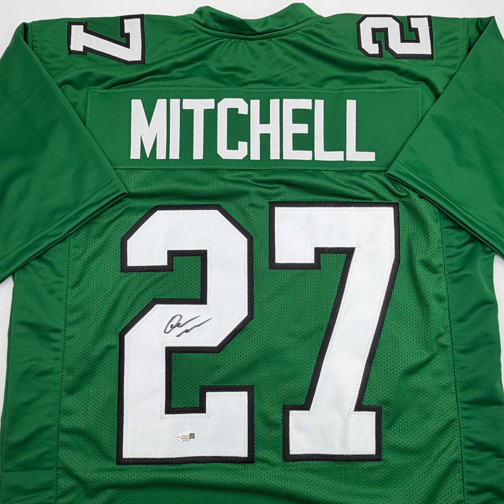 autographed-signed-quinyon-mitchell-philadelphia-kelly-green-football-jersey-jsa-coa